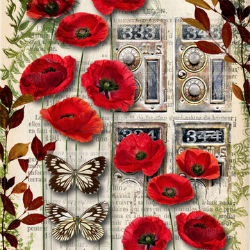Close-up of a rice paper featuring bright red poppies and butterflies against a vintage magazine background.