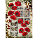 Rice paper featuring bright red poppies and butterflies against a vintage magazine background. White borders are on the sides.