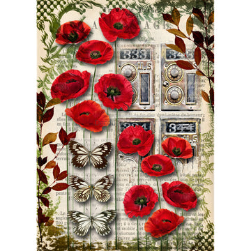 Rice paper featuring bright red poppies and butterflies against a vintage magazine background. White borders are on the sides.