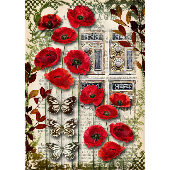 Rice paper featuring bright red poppies and butterflies against a vintage magazine background. White borders are on the sides.