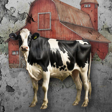 Close-up of a rice paper featuring an old red barn and a large dairy cow on a metal sign. 