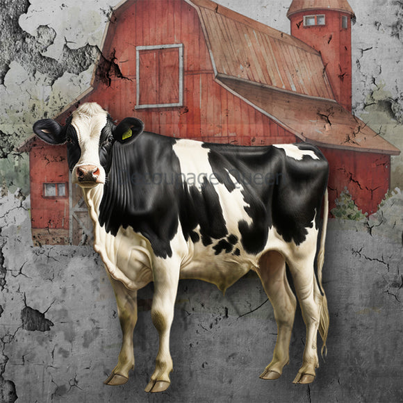 Close-up of a rice paper featuring an old red barn and a large dairy cow on a metal sign. 