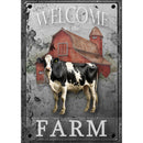 Rice paper featuring an old red barn and a large dairy cow on a metal sign. White borders are on the sides.