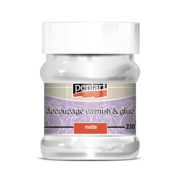 A 230ml container of Pentart's Matte Varnish Water Based Decoupage Glue is against a white background.