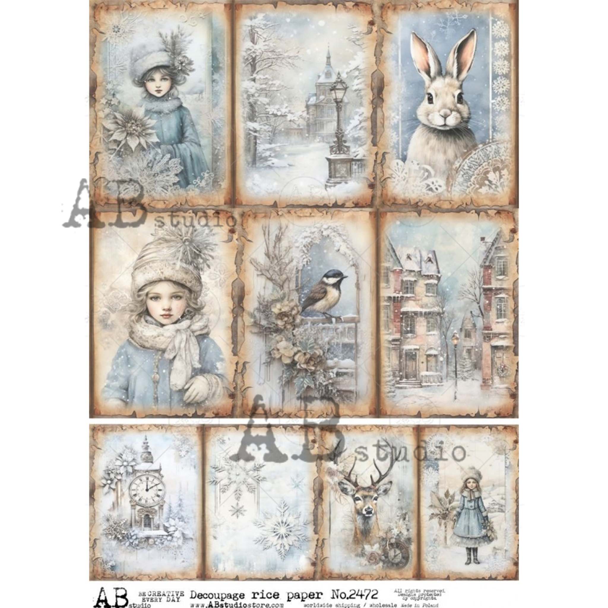 An A4 rice paper of 10 unique designs featuring three girls out in the snow, two small town scenes, a rabbit, a deer, a bird on a windowsill, a flurry of snowflakes, and a majestic clock tower is against a white background.