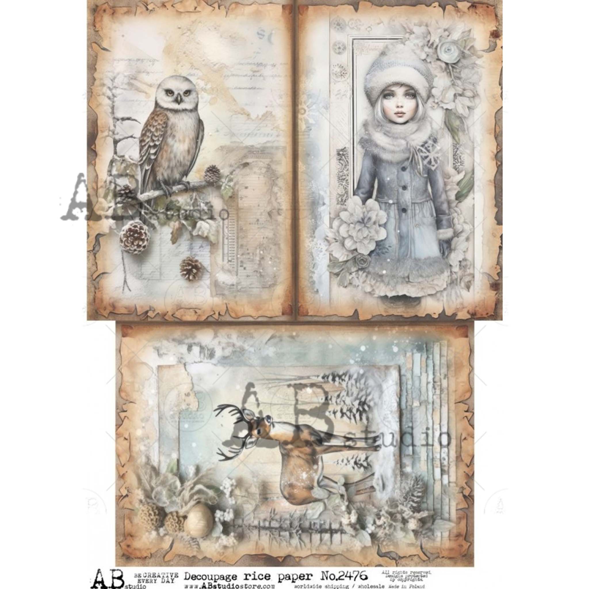 An A4 rice paper of three postcard style designs featuring a wise owl, a bundled little girl, and a sweet deer is against a white background.
