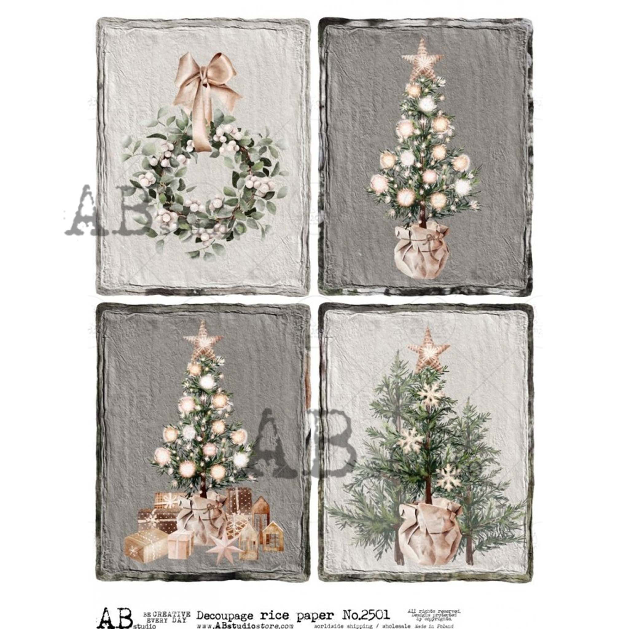 A4 rice paper design with 4 festive designs featuring farmhouse Christmas trees and a wreath are against a white background.