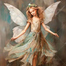 Close-up of a rice paper design that features a beautiful fairy standing in the breeze, adorned with a beautiful floral crown.