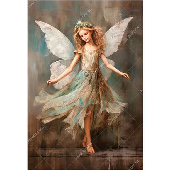 Rice paper design that features a beautiful fairy standing in the breeze, adorned with a beautiful floral crown. White borders are on the sides.