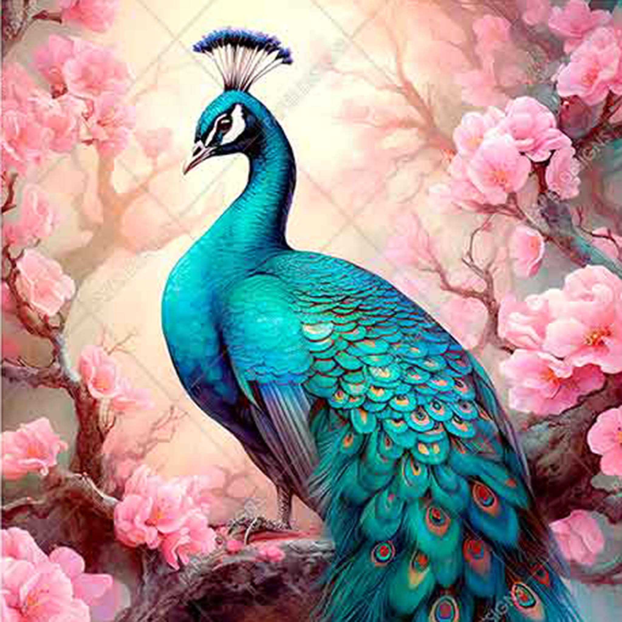 Close-up of an A3 rice paper design that features a jewel toned peacock perched among pink flowering branches.