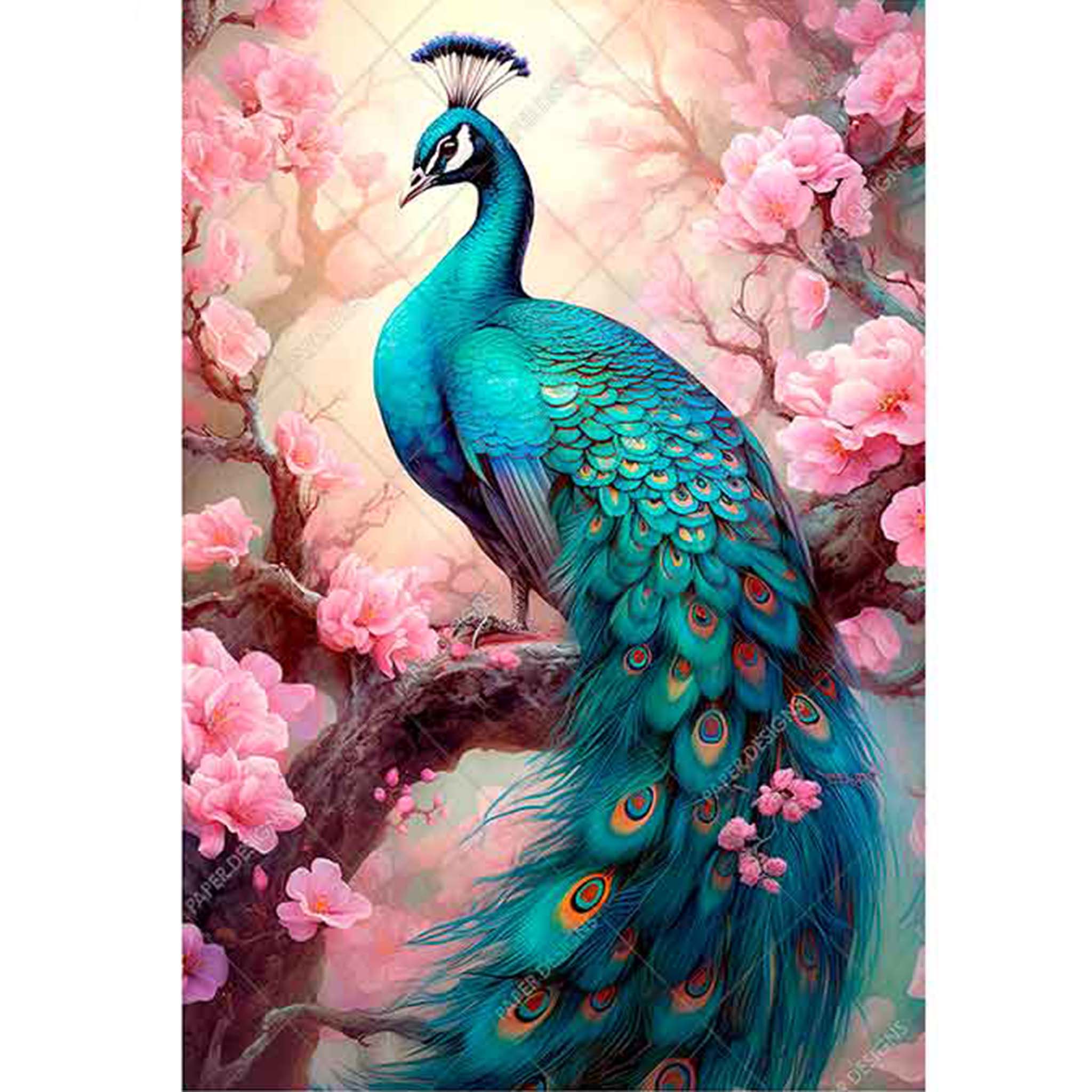 A4 rice paper design that features a jewel toned peacock perched among pink flowering branches. White borders are on the sides.