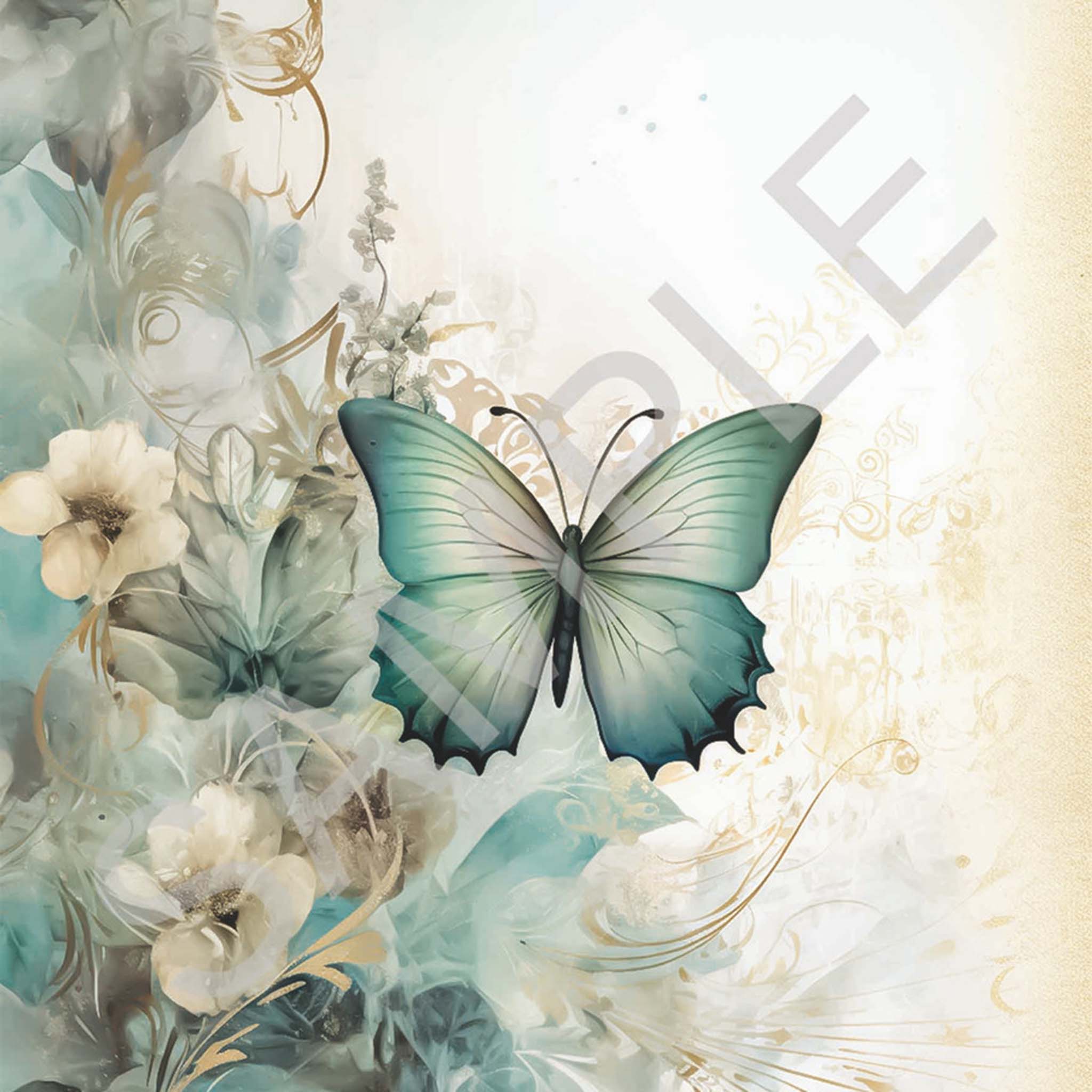 Close-up of an A4 rice paper design that features a vibrant blue butterfly and golden flourish on a dreamy floral background.