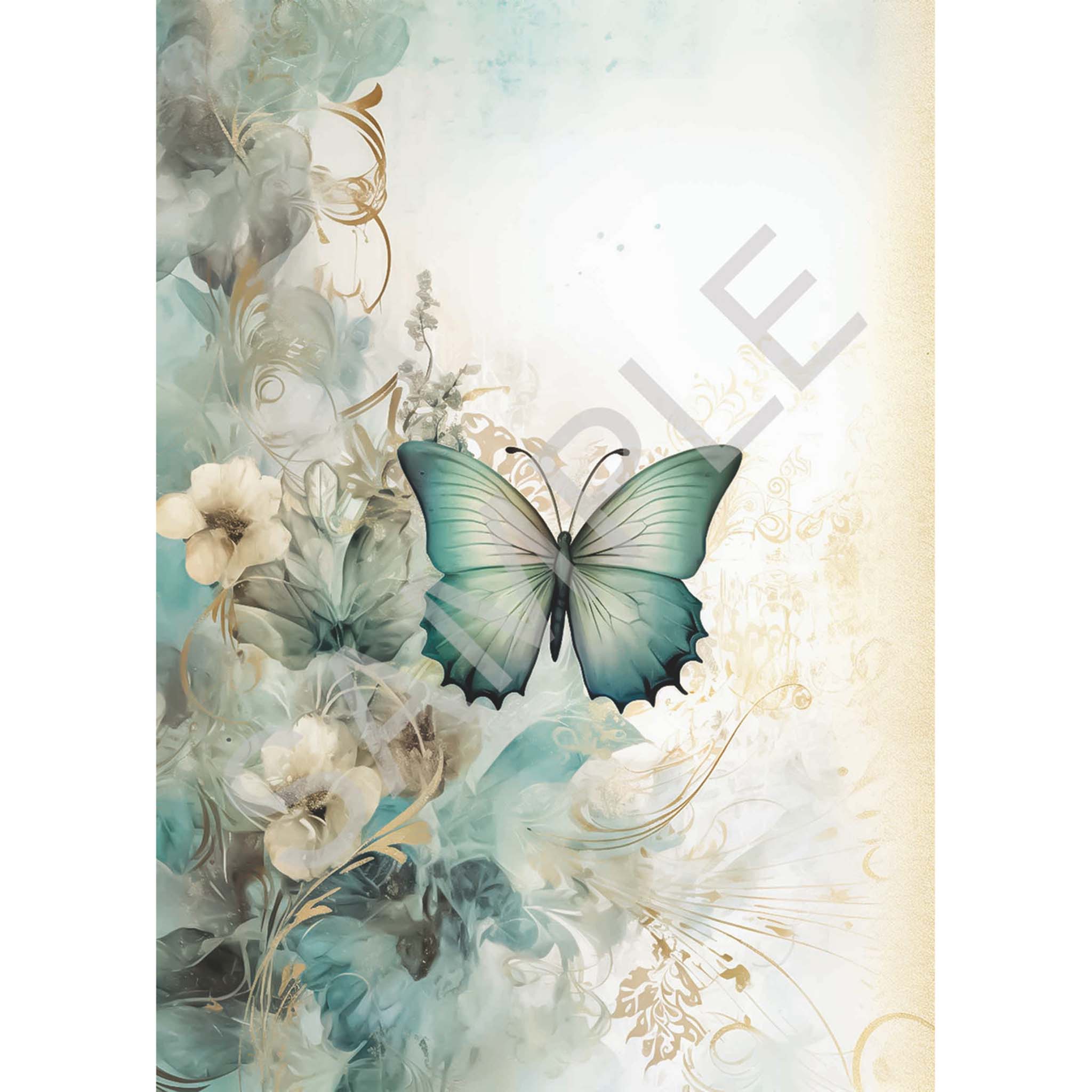 A4 rice paper design that features a vibrant blue butterfly and golden flourish on a dreamy floral background. White borders are on the sides.