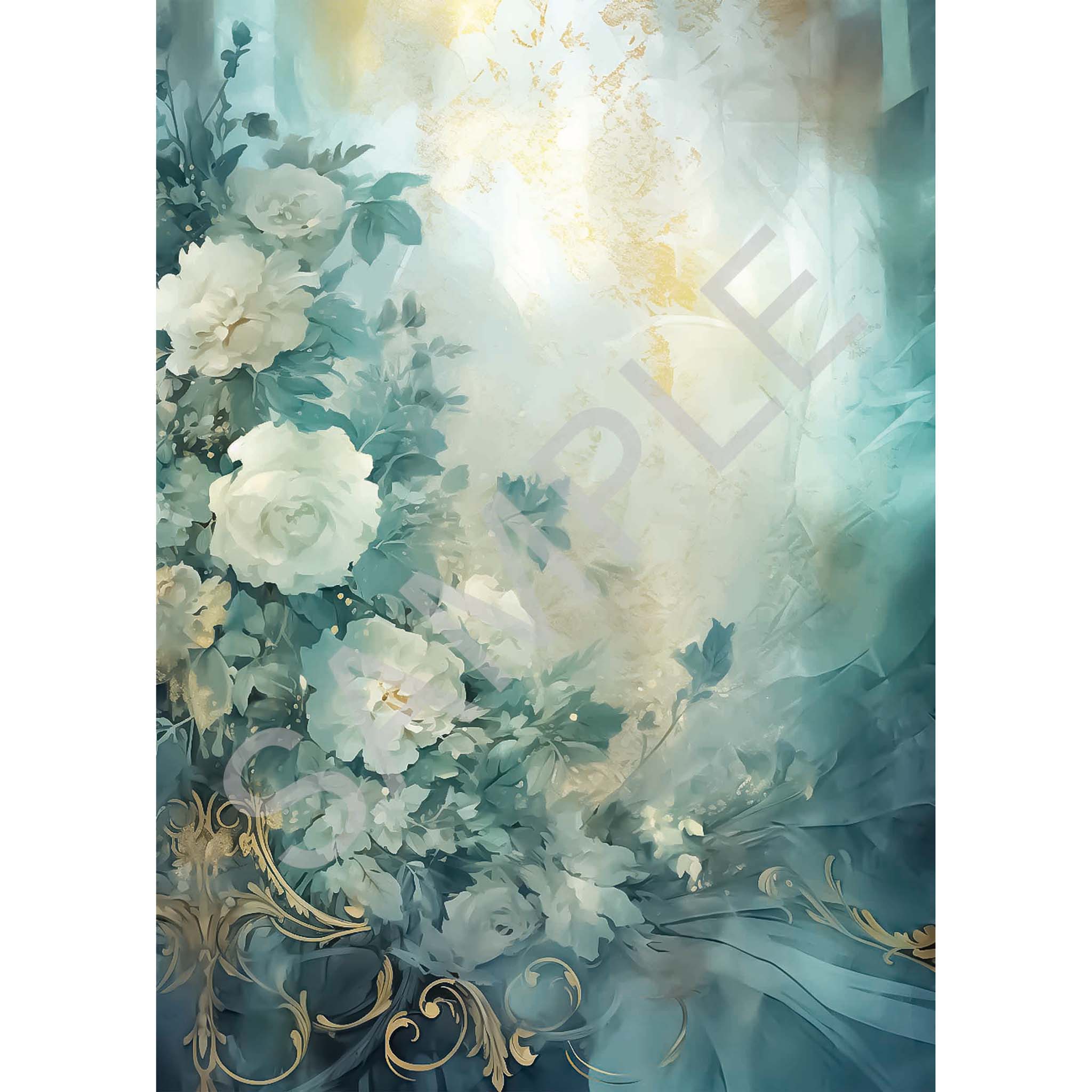A4 rice paper design featuring a lush plant with creamy white flowers against a pastel blue backdrop White borders are on the sides.