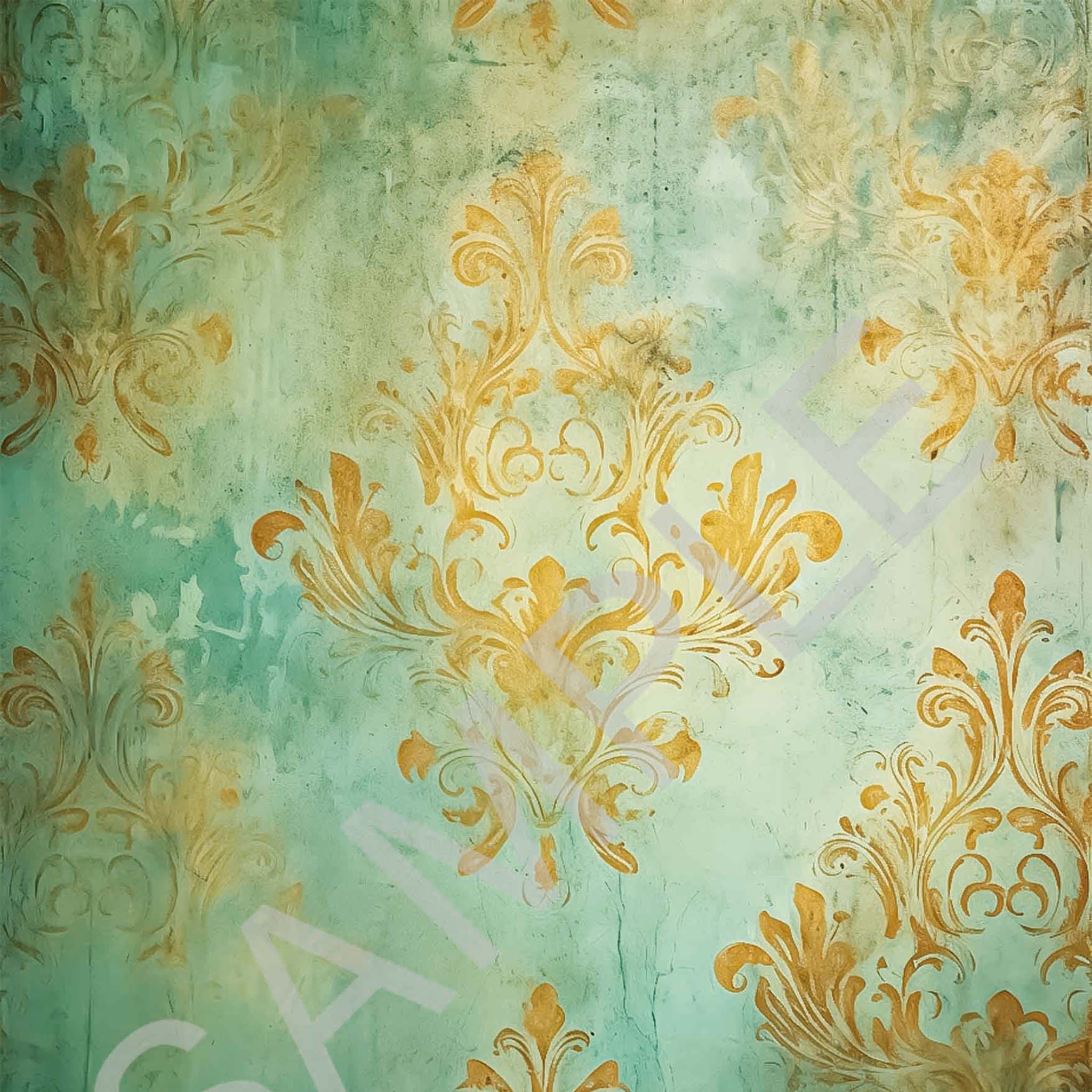 Close-up of an A4 rice paper design featuring a beautiful golden damask print on a faded blue background.