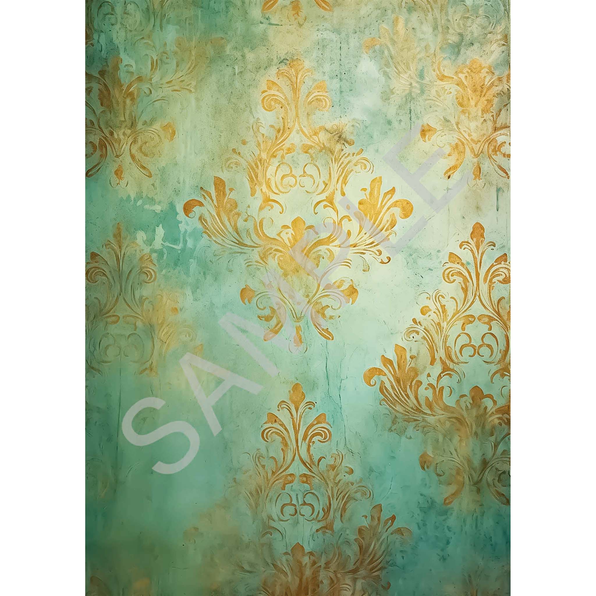 A4 rice paper design featuring a beautiful golden damask print on a faded blue background. White borders are on the sides.