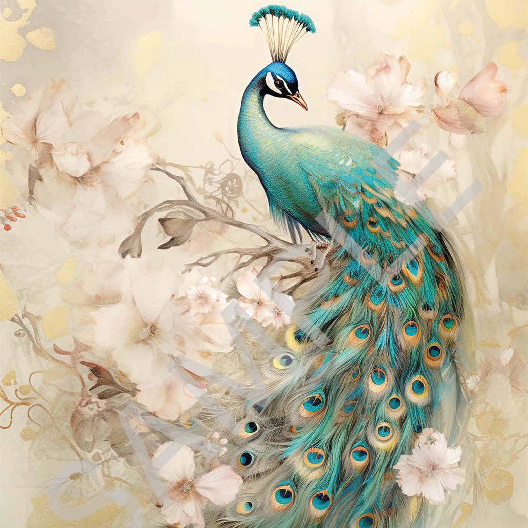 Close-up of an A4 rice paper design featuring a vibrant peacock amid a pastel background and blooming flowers.