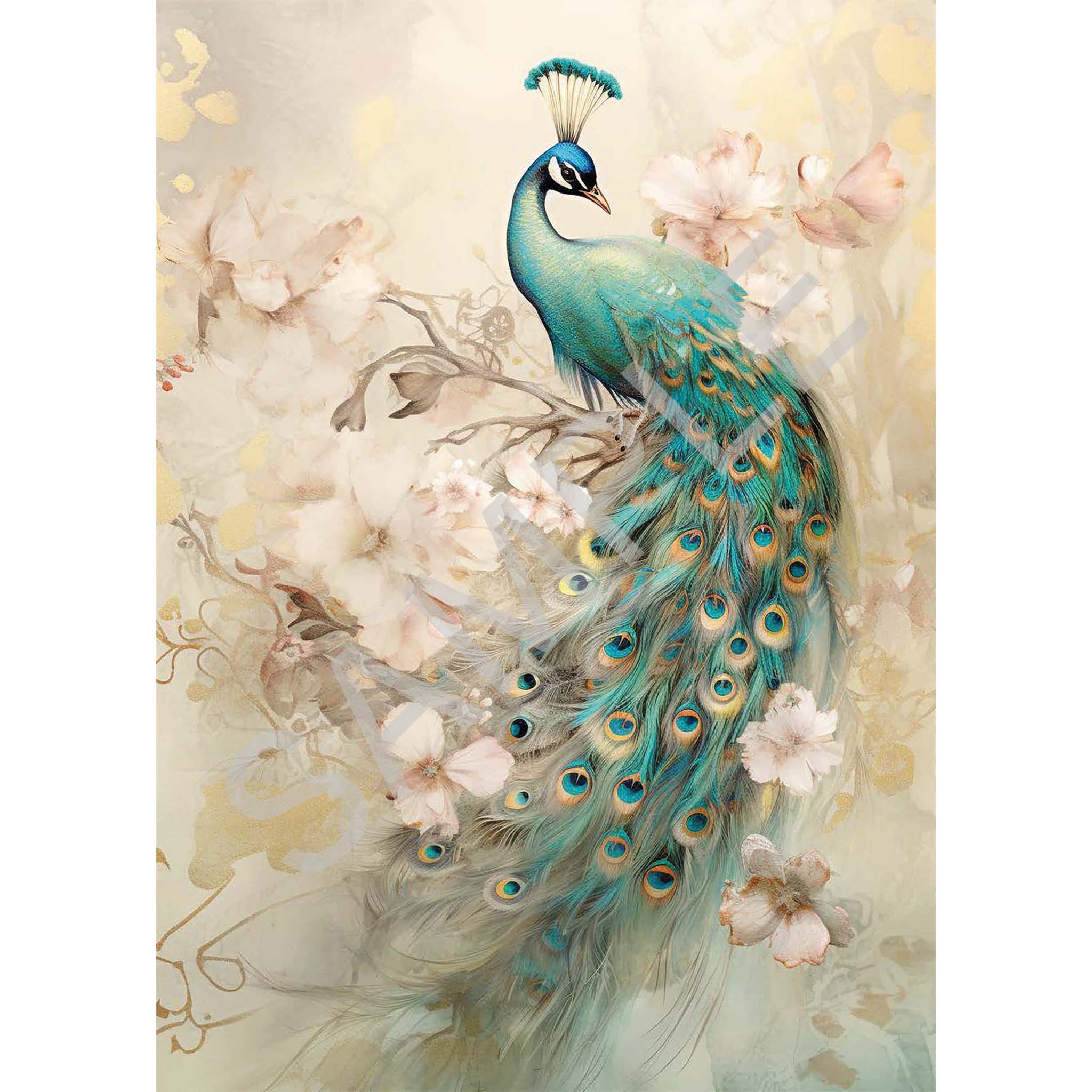 A4 rice paper design featuring a vibrant peacock amid a pastel background and blooming flowers. White borders are on the sides.