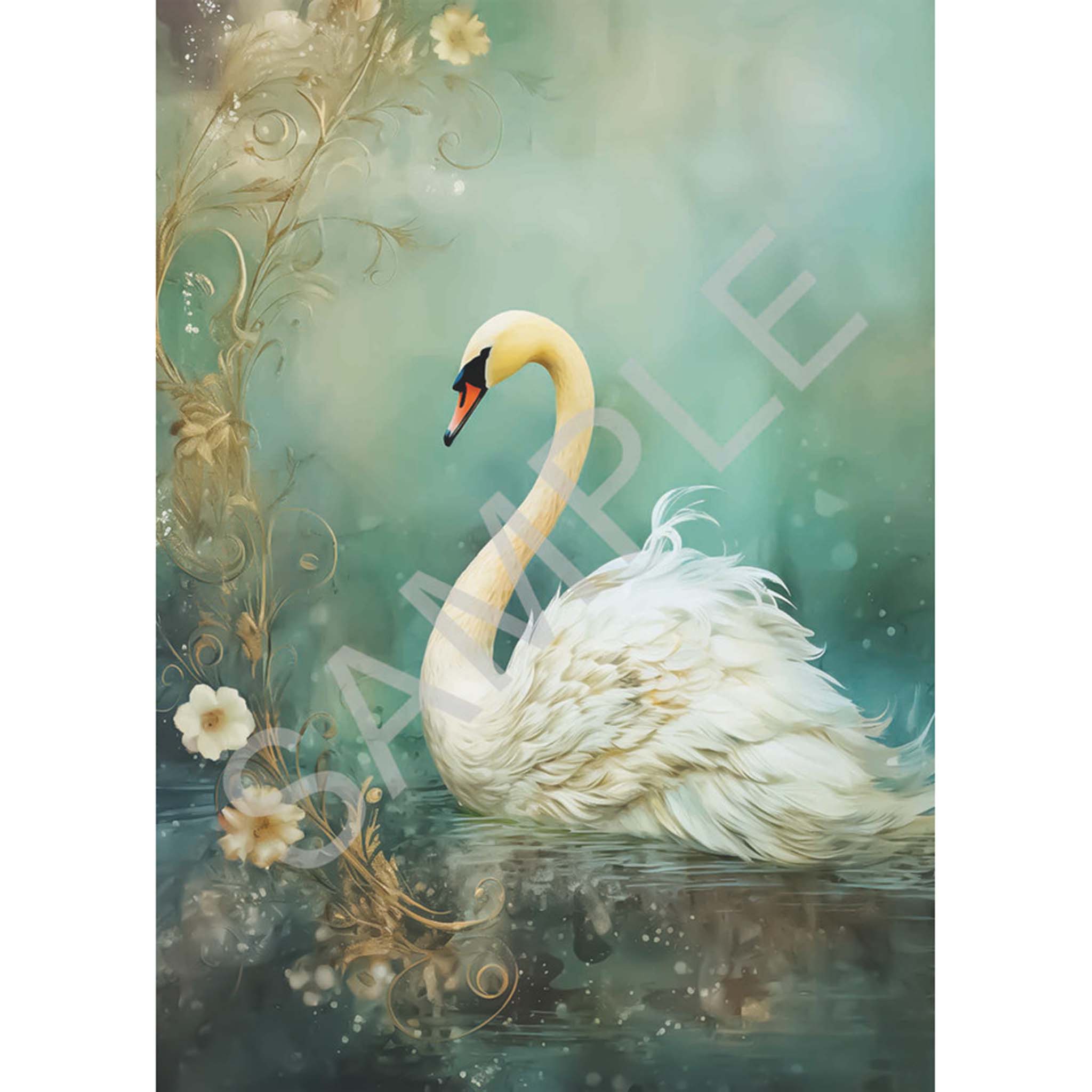 A4 rice paper design that features a beautiful white swan gliding through a dreamy blue background surrounded by delicate flowers.  White borders are on the sides.