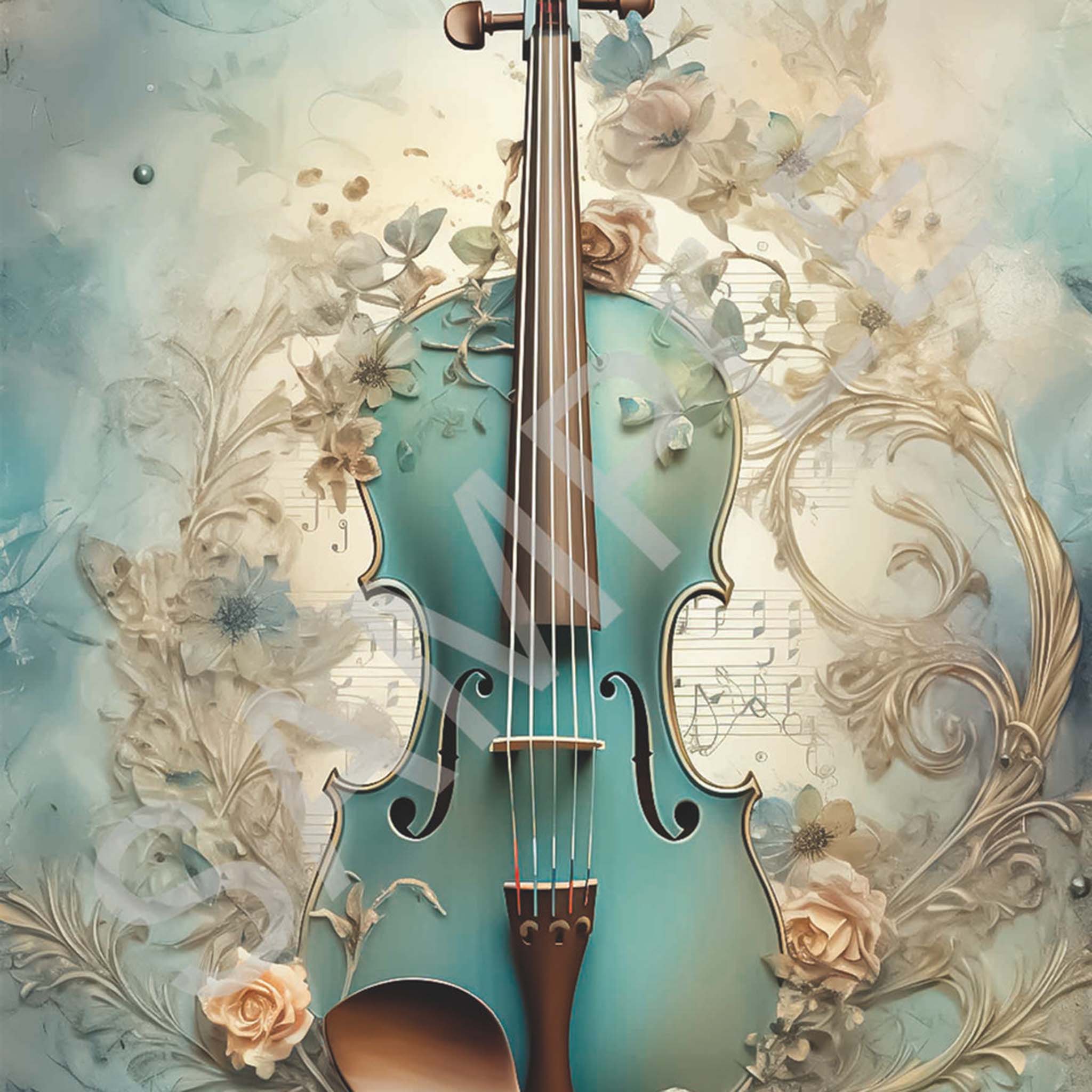 Close-up of an A4 rice paper design featuring an intricate blue violin resting among delicate rose blooms against a dreamy pastel backdrop.