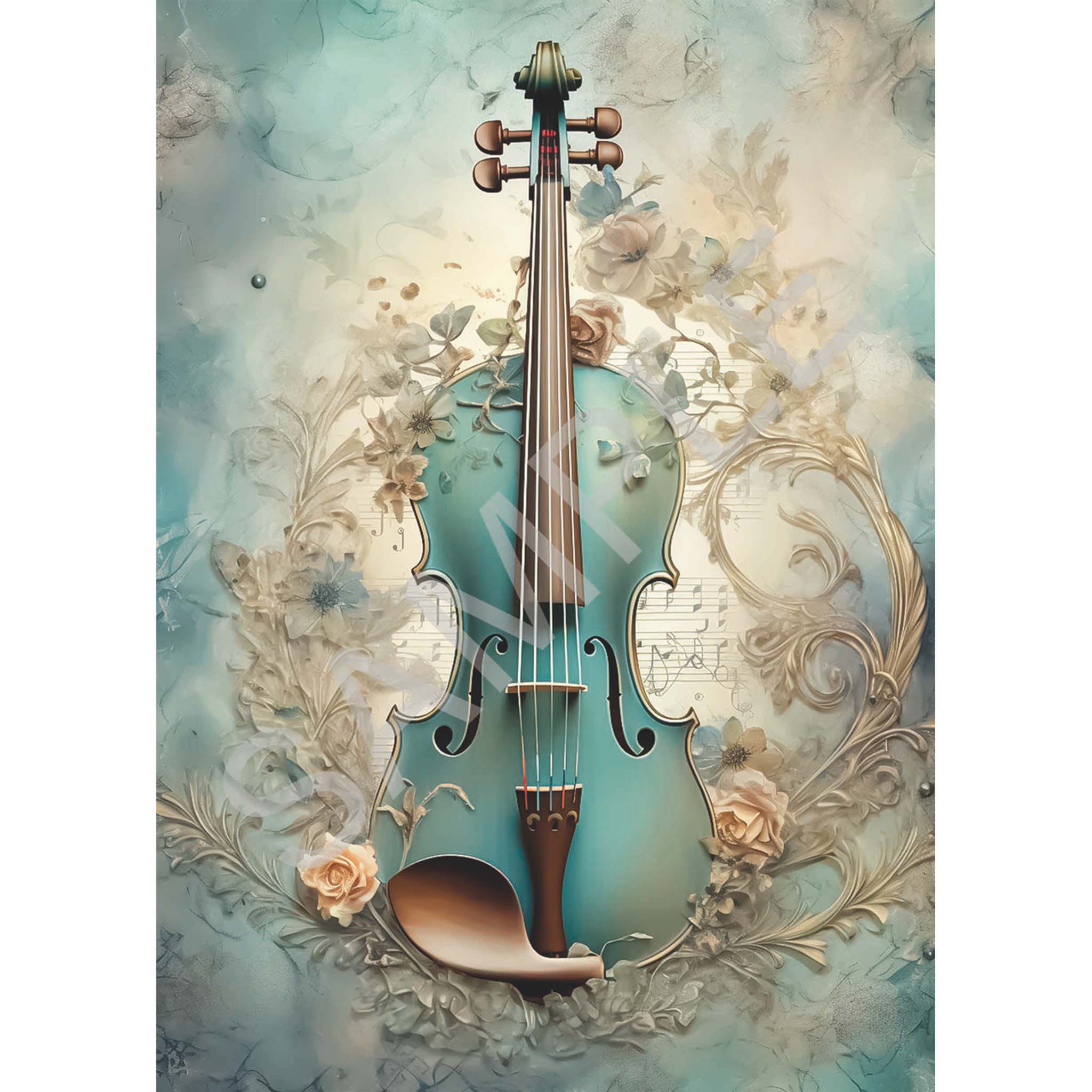 A4 rice paper design featuring an intricate blue violin resting among delicate rose blooms against a dreamy pastel backdrop. White borders are on the sides.
