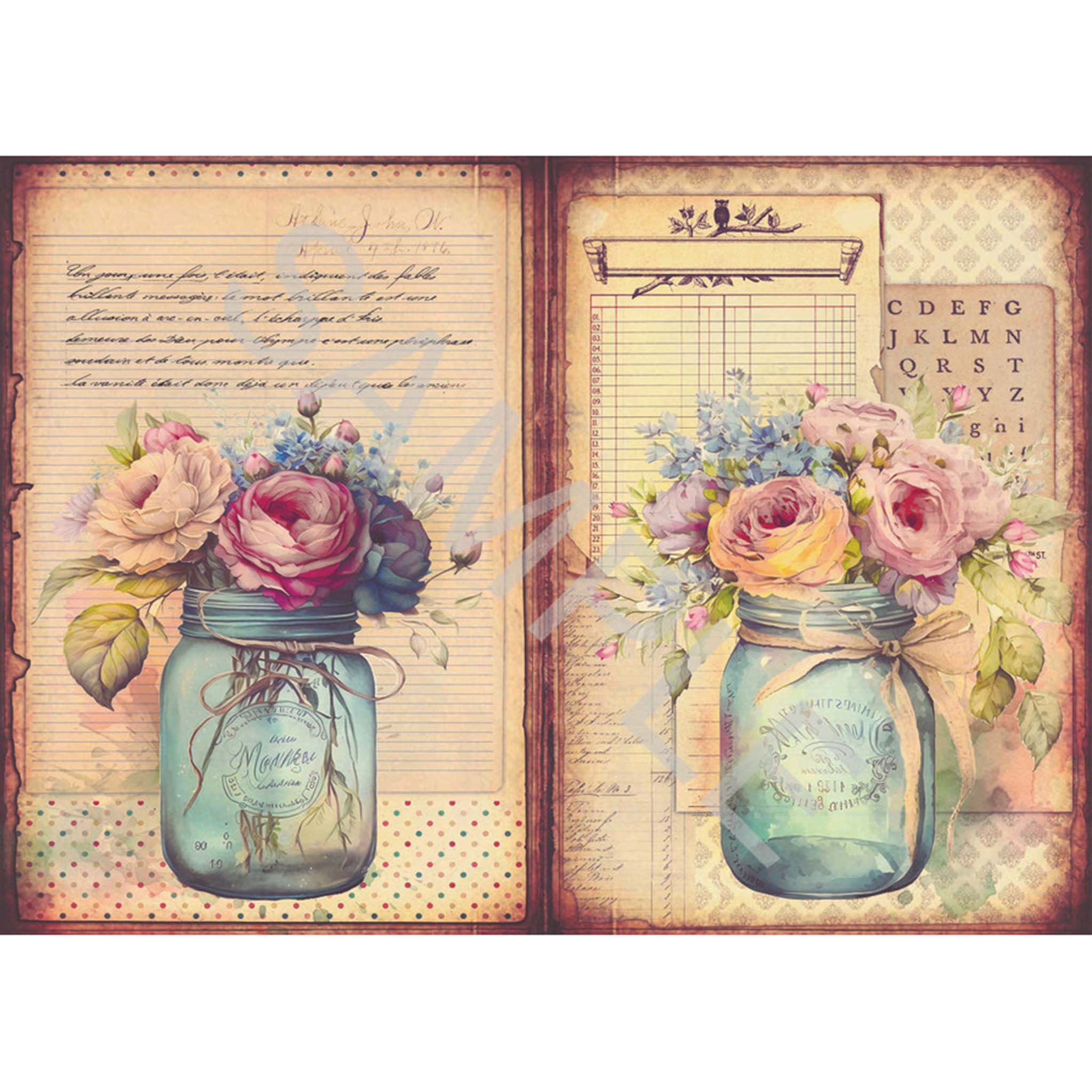 A4 rice paper design that features  two charming images of pink flowers in blue mason jars on vintage documents. White borders are on the top and bottom.