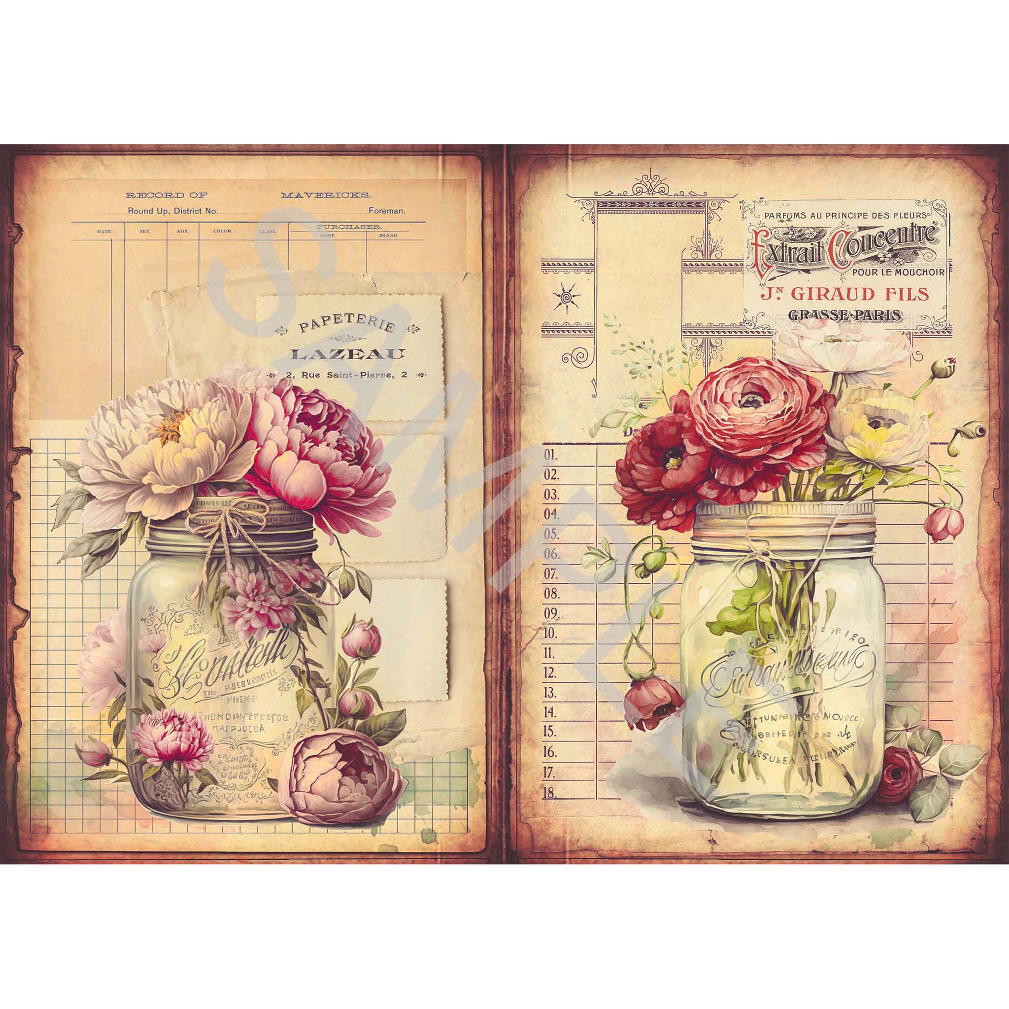 A4 rice paper that features two charming images of flowers in mason jars against vintage documents. White borders are on the top and bottom.