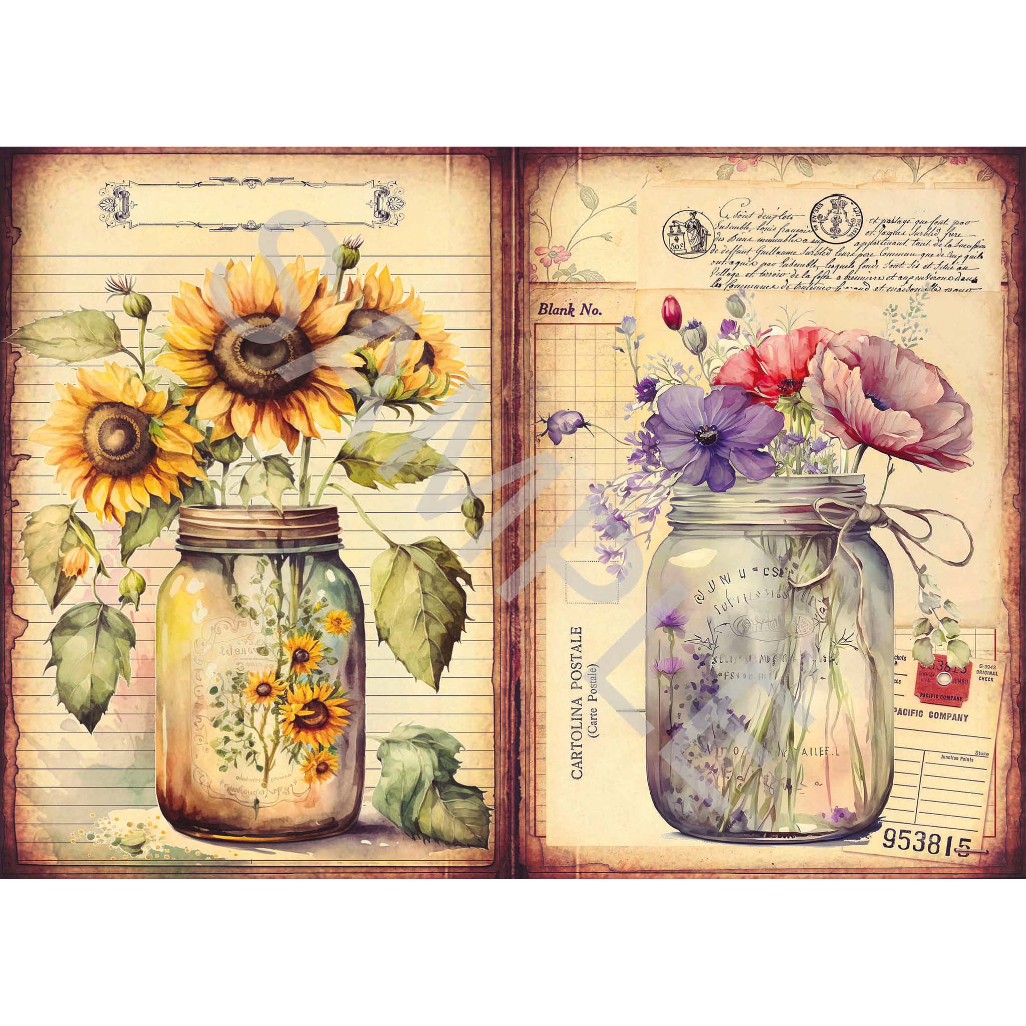 A4 rice paper design that features two charming images of flowers in vintage mason jars against old documents, one with sunflowers and the other with wildflowers. White borders are on the top and bottom.