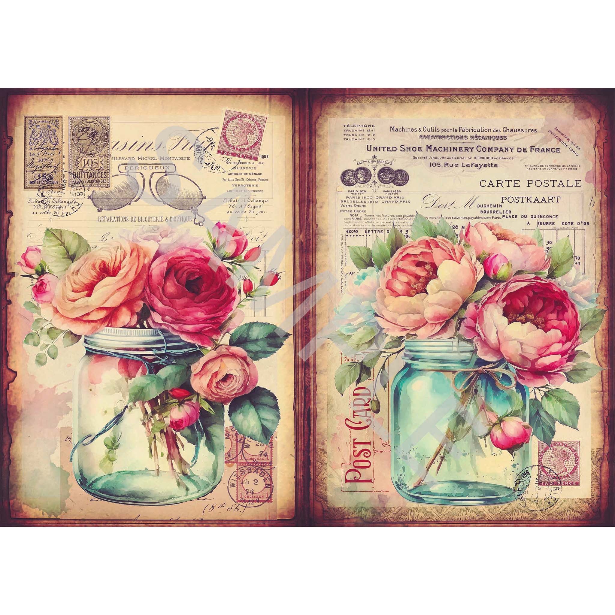 A4 rice paper design that features two images of pink flowers in mason jars with vintage document backgrounds. White borders are on the top and bottom.