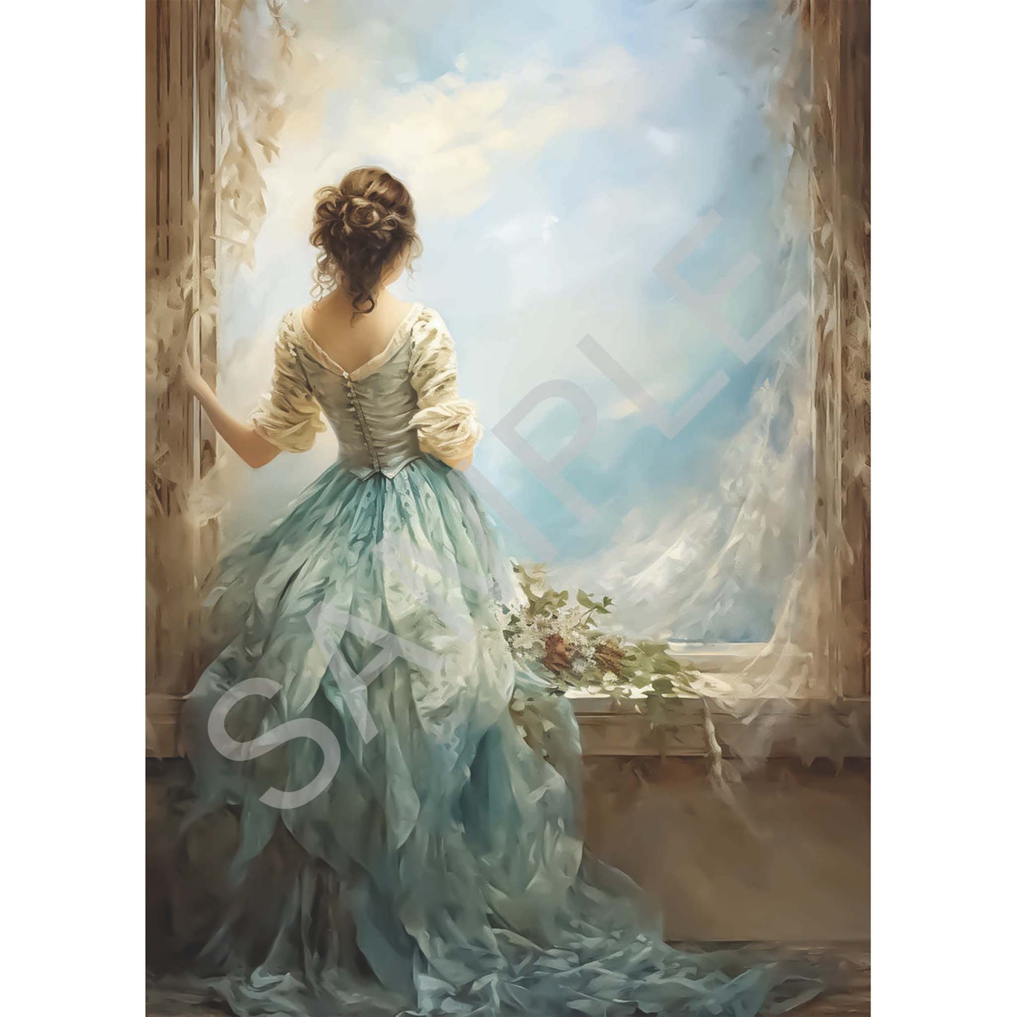 A4 rice paper design that features a stunning woman in a beautiful dress, depicted standing at a window. White borders are on the sides.