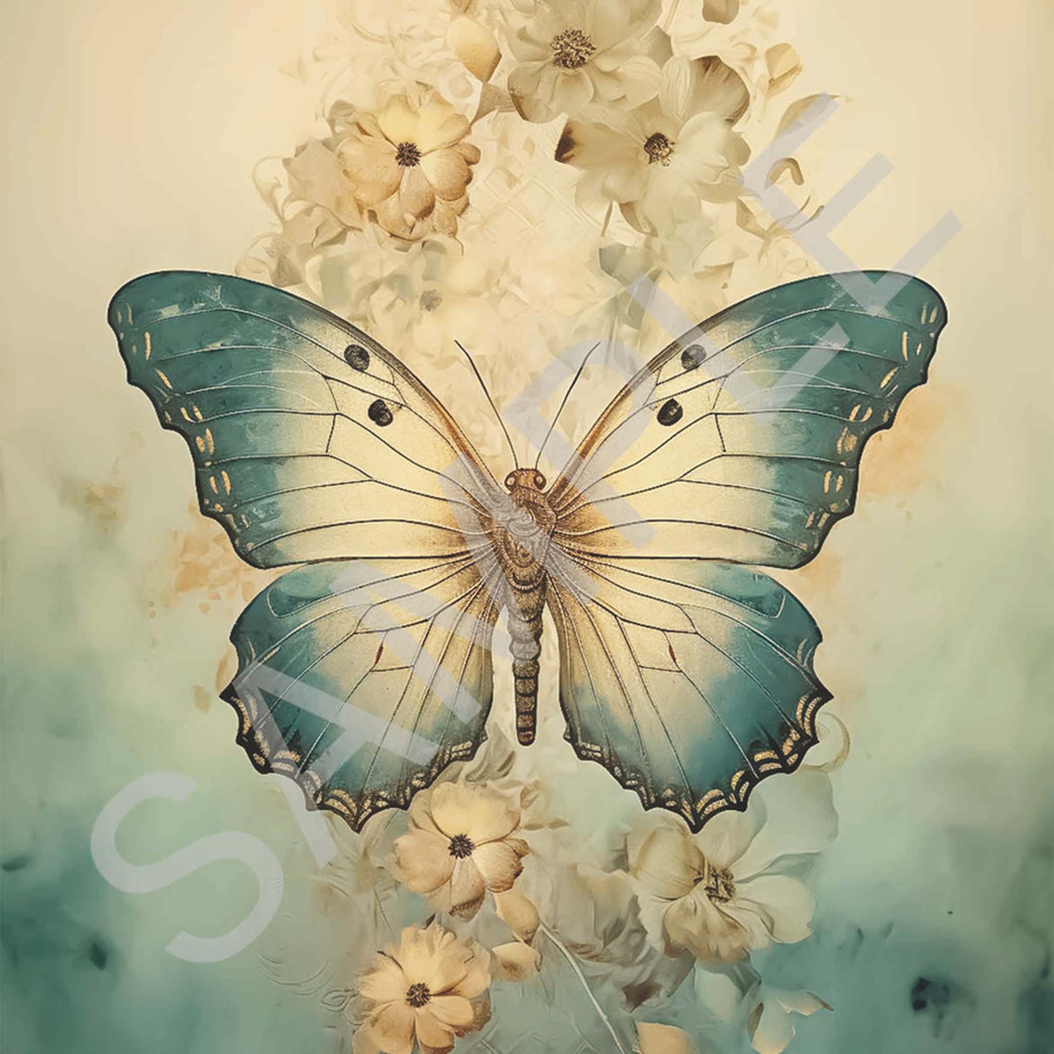 Close-up of an A4 rice paper design that features a large blue and cream butterfly, set against a dreamy background adorned with a garland of soft yellow flowers.