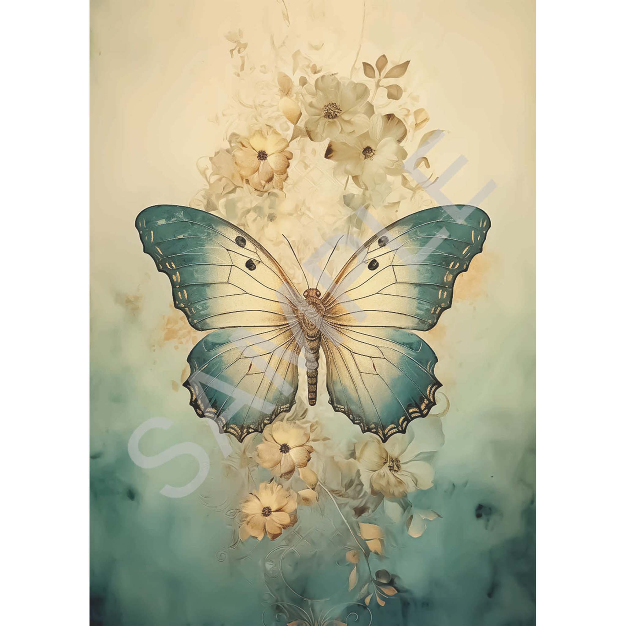 A4 rice paper design that features a large blue and cream butterfly, set against a dreamy background adorned with a garland of soft yellow flowers. White borders are on the sides.