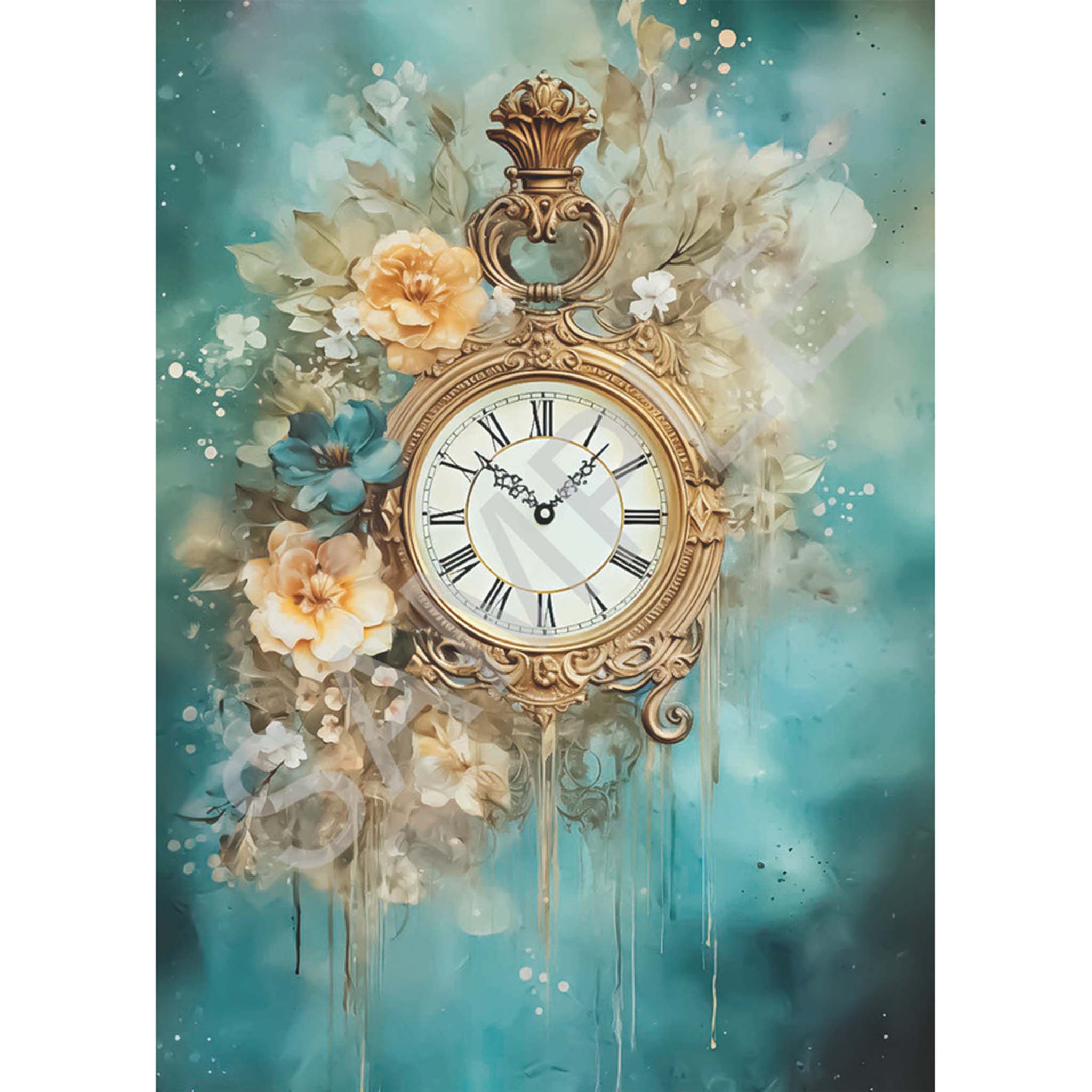 A4 rice paper design of a dreamy blue paper featuring a Victorian clock and roses. White borders are on the sides.