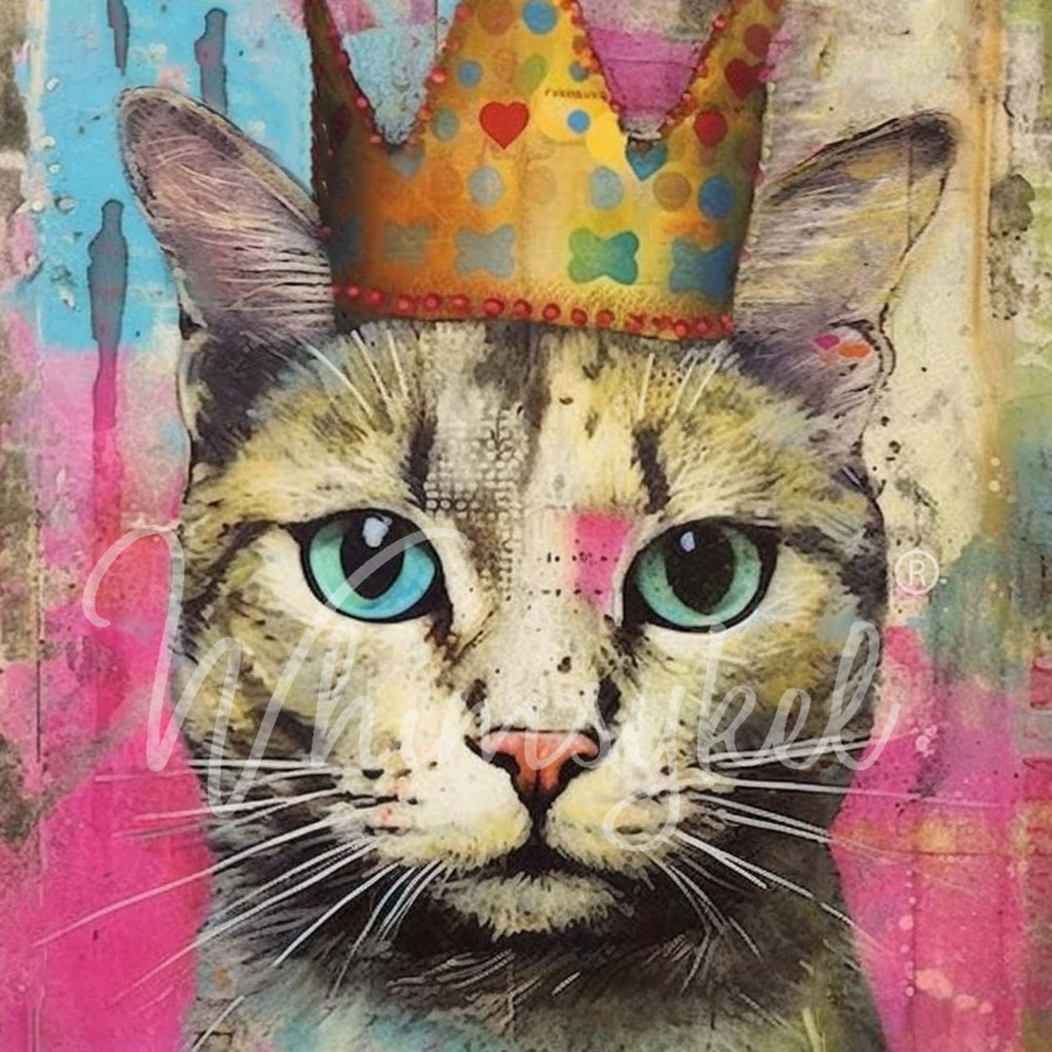 Close-up of a tissue paper design that features a colorful painting of a portrait of an adorable tabby cat in a gold crown.