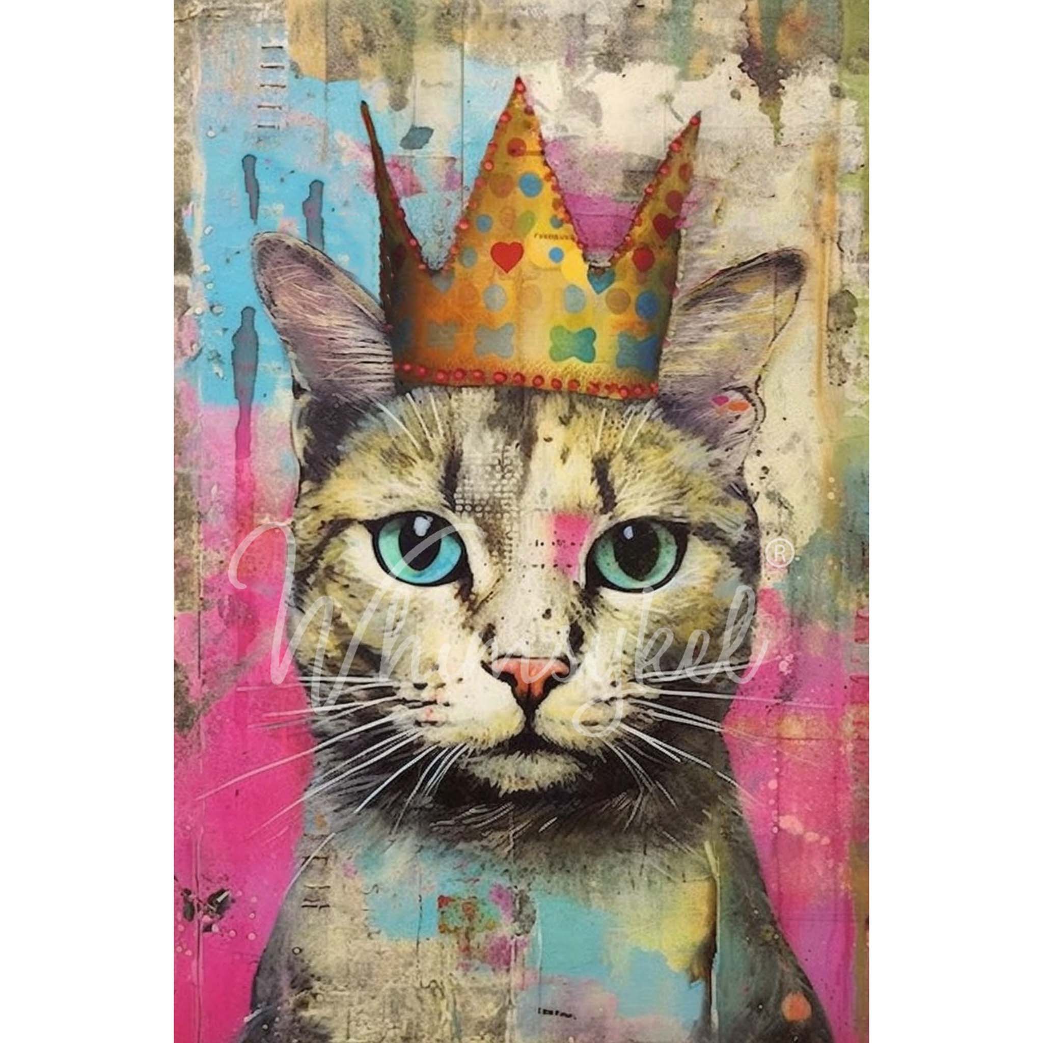 Close-up of a tissue paper design that features a colorful painting of a portrait of an adorable tabby cat in a gold crown. White borders are on the sides.