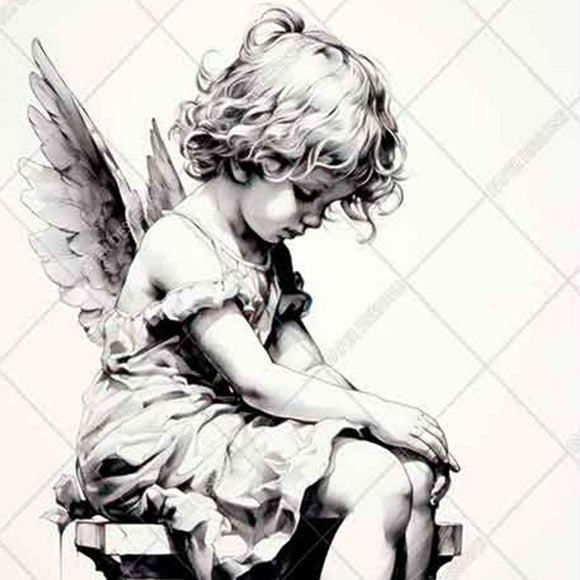Close-up of an A4 rice paper design that features a beautiful sketch of a child angel sitting on a stone bench.