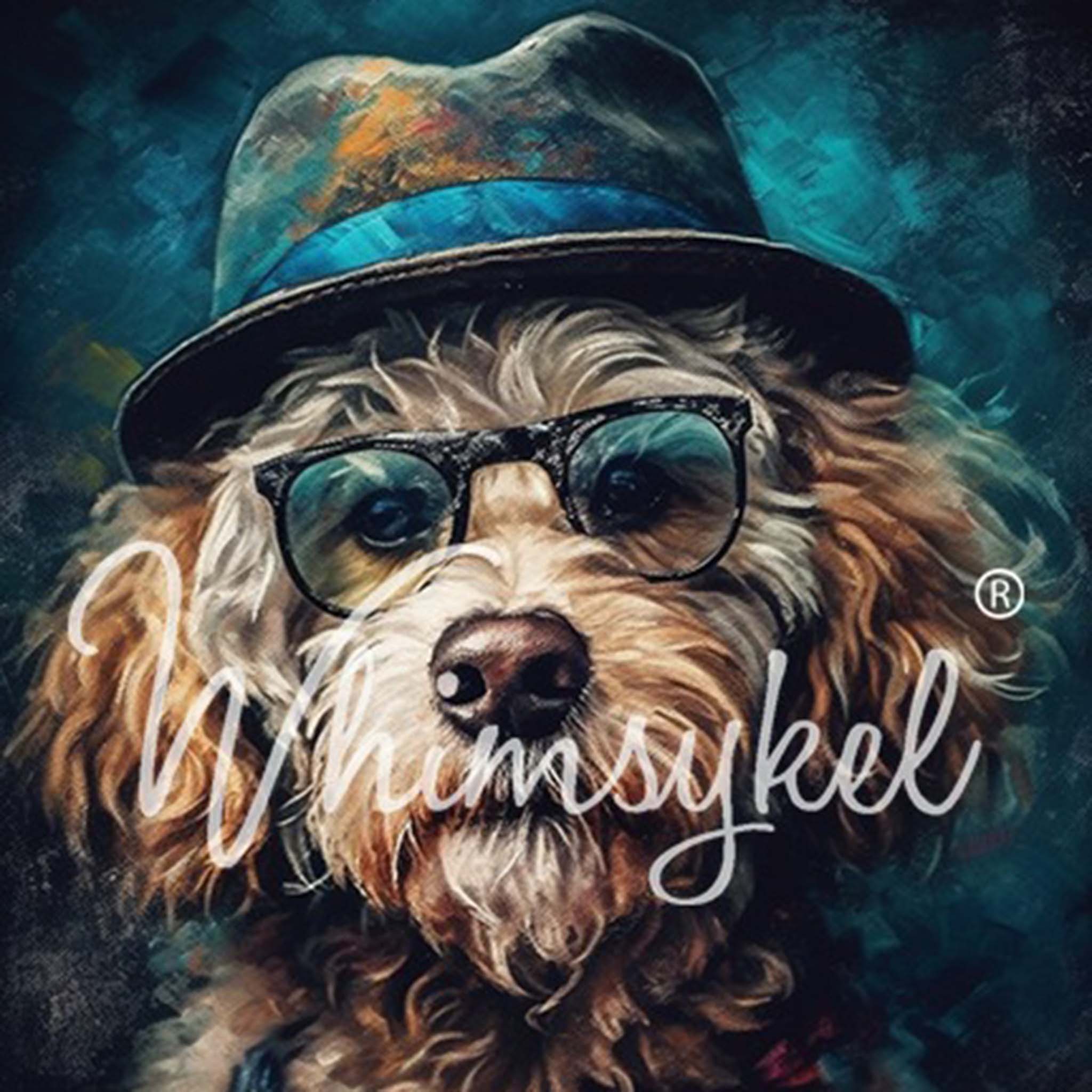 Close-up of a tissue paper design of a golden doodle sporting a charming hat, stylish glasses, and a dapper necktie. White borders are on the sides.