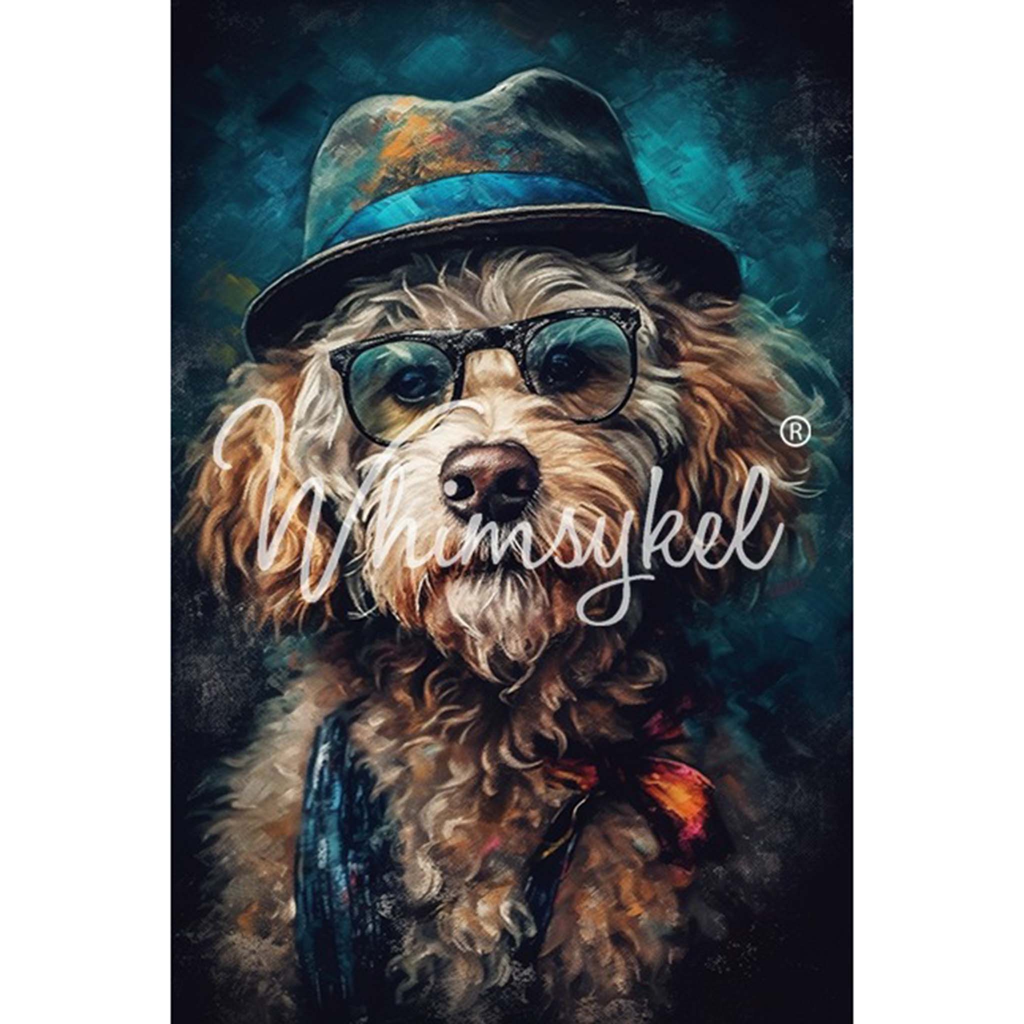 Tissue paper design of a golden doodle sporting a charming hat, stylish glasses, and a dapper necktie. White borders are on the sides.