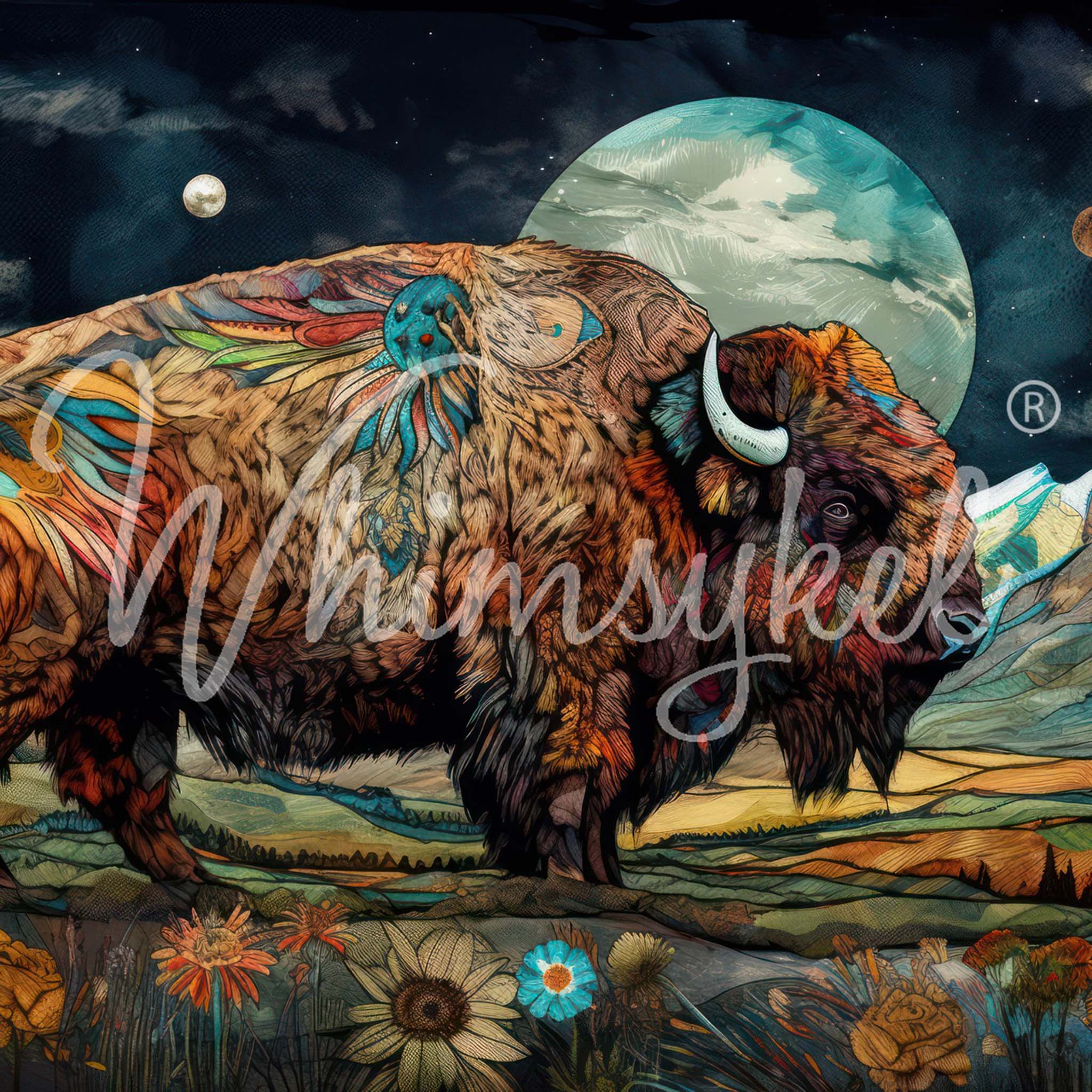 Close-up of a tissue paper design is a bohemian style tapestry of a buffalo against a mountainous background with a large full moon in a dark sky.