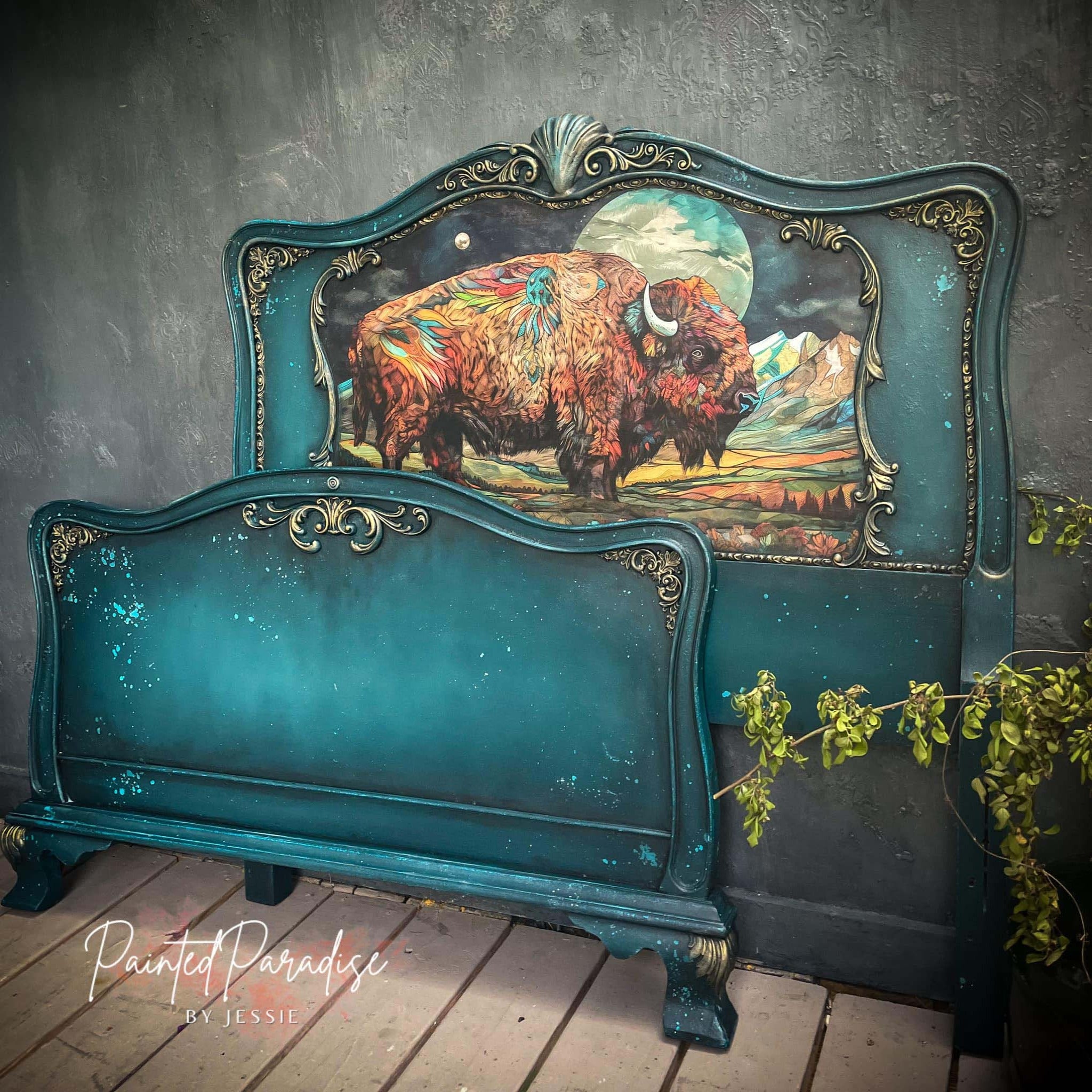 A vintage headboard set refurbished by Painted Paradise by Jessie is painted dark teal with gold accents and features Whimsykel's Dream Keeper tissue paper on the headboard.