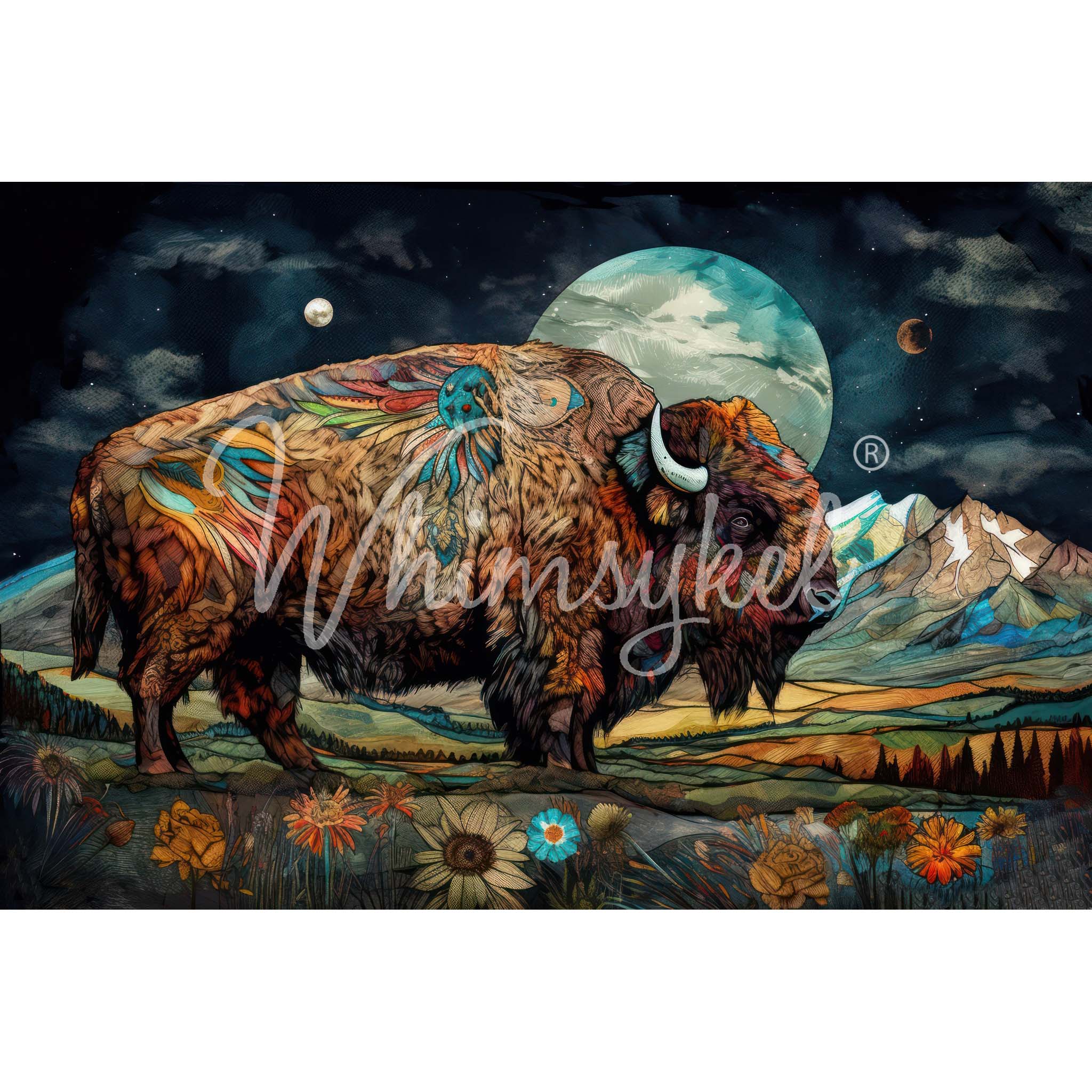 Tissue paper design is a bohemian style tapestry of a buffalo against a mountainous background with a large full moon in a dark sky. White borders are on the top and bottom.