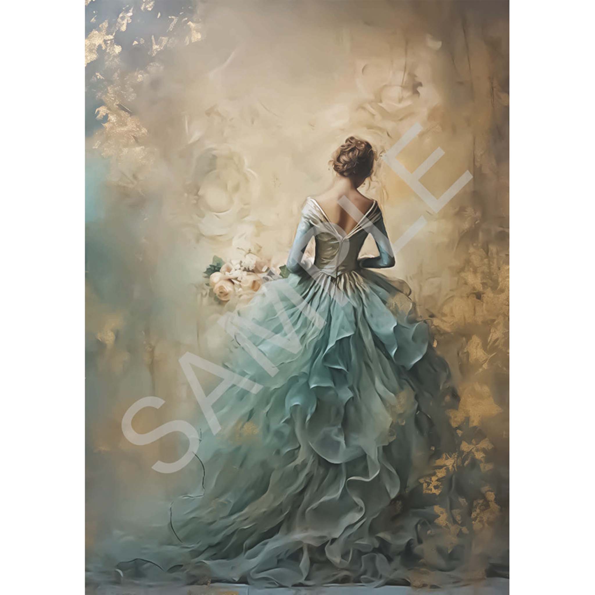 A4 rice paper design of a dreamy scene featuring a woman in a blue dress walking away into the background. White borders on the sides.