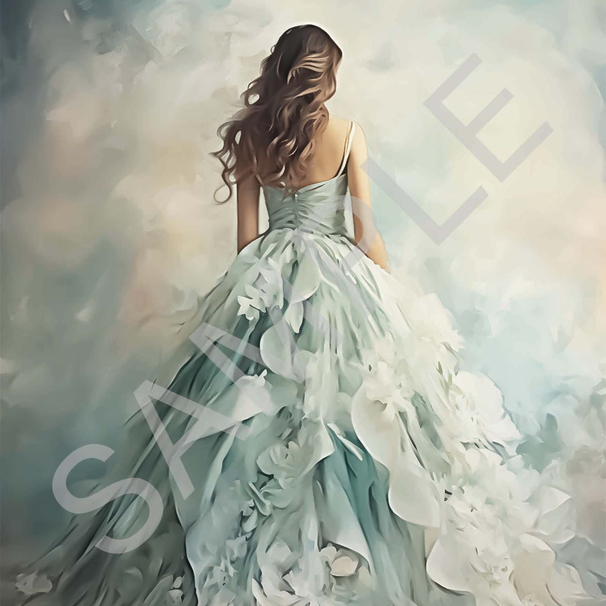 Close-up of an A4 rice paper design that features a stunning girl in a beautiful blue ballgown with floral details, walking towards a misty background.
