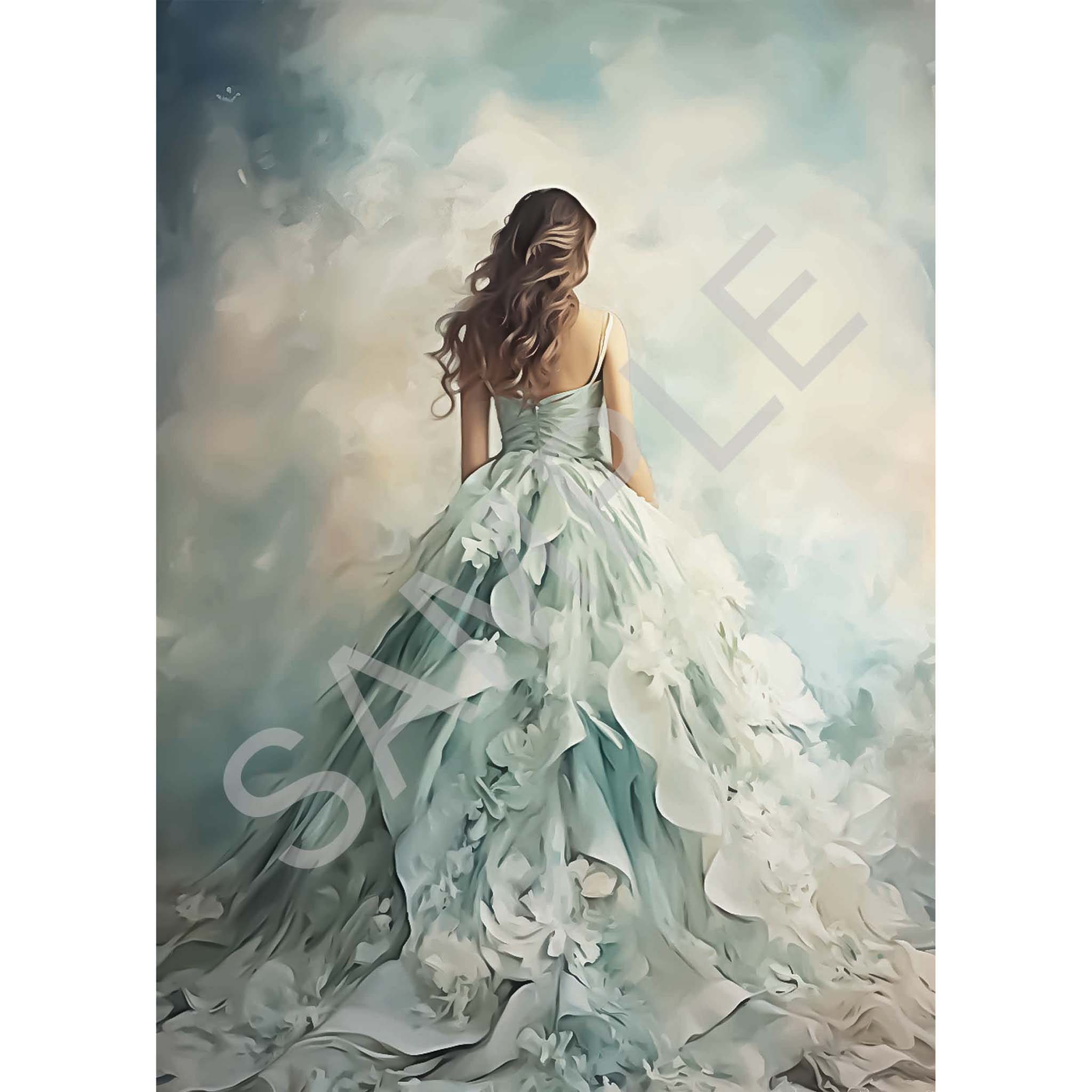 A4 rice paper design that features a stunning girl in a beautiful blue ballgown with floral details, walking towards a misty background.  White borders are on the sides.