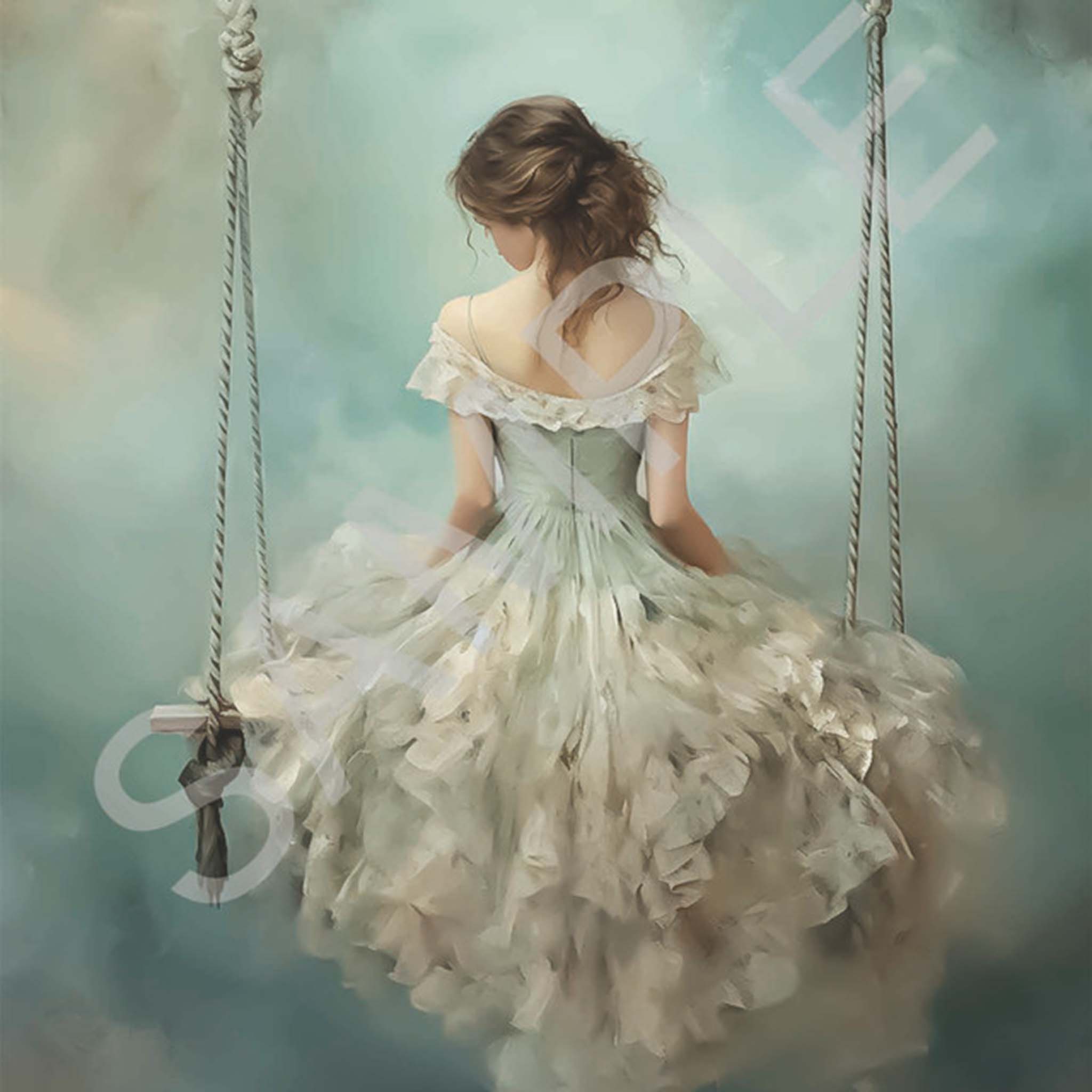 Close-up of an A4 rice paper design of a whimsical young woman wearing a cream and blue dress, perched upon a swing in front of a dreamy blue background.