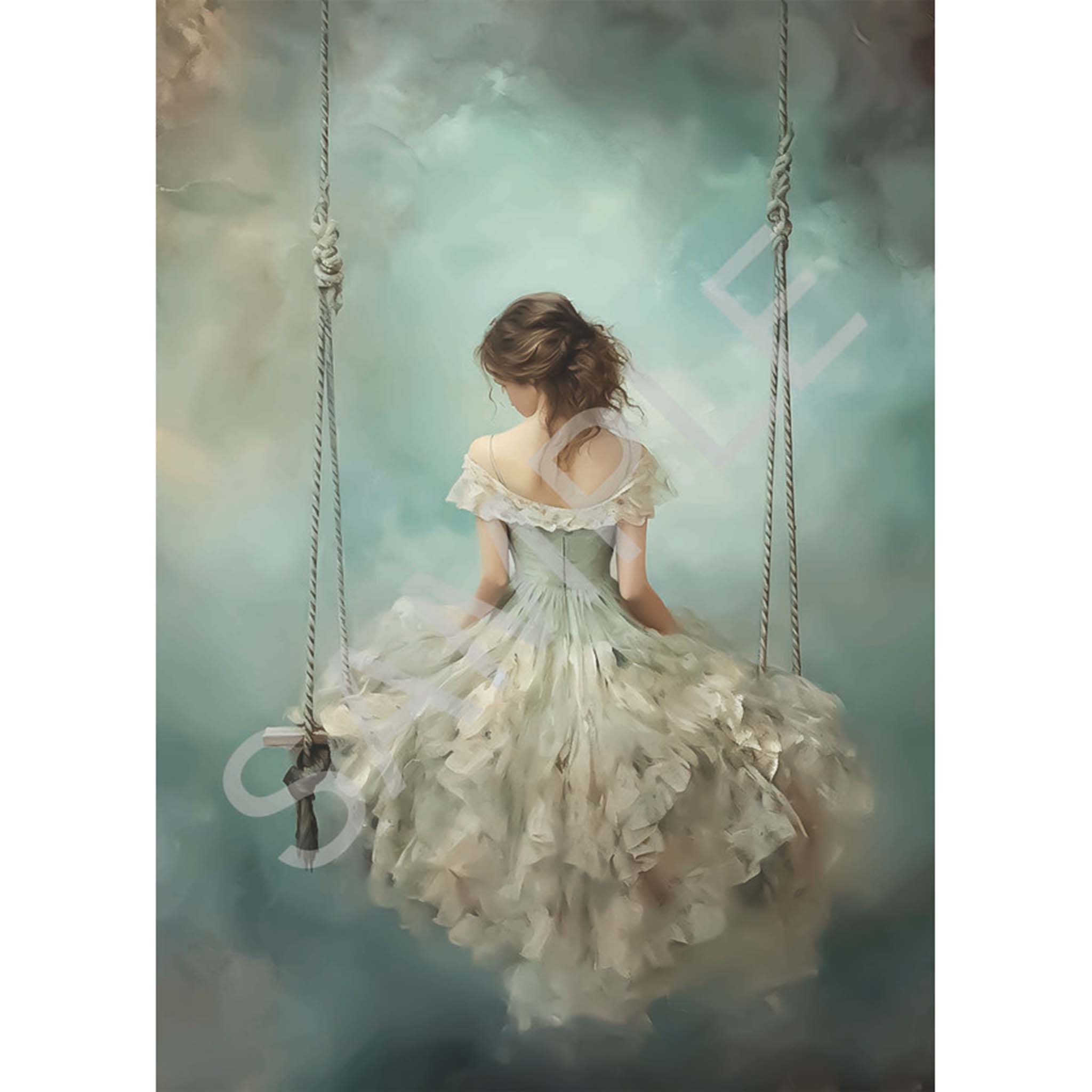 A4 rice paper design of a whimsical young woman wearing a cream and blue dress, perched upon a swing in front of a dreamy blue background. White borders are on the sides.
