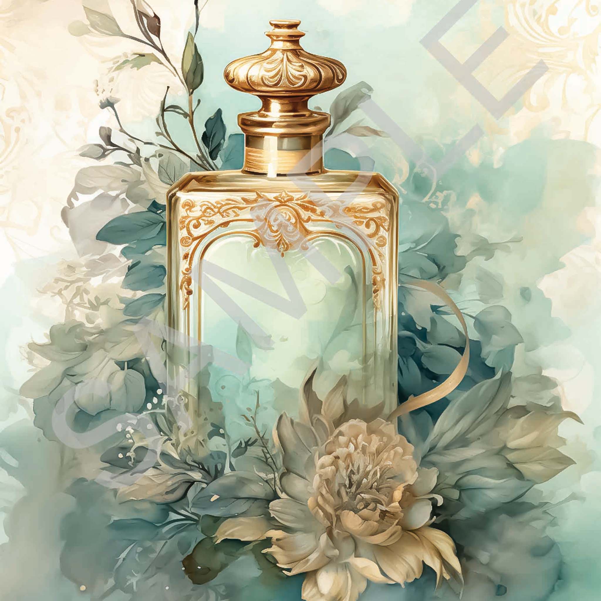 Close-up of an A4 rice paper that features a vintage perfume bottle nestled among beautiful flowers on a dreamy background with hints of gold.