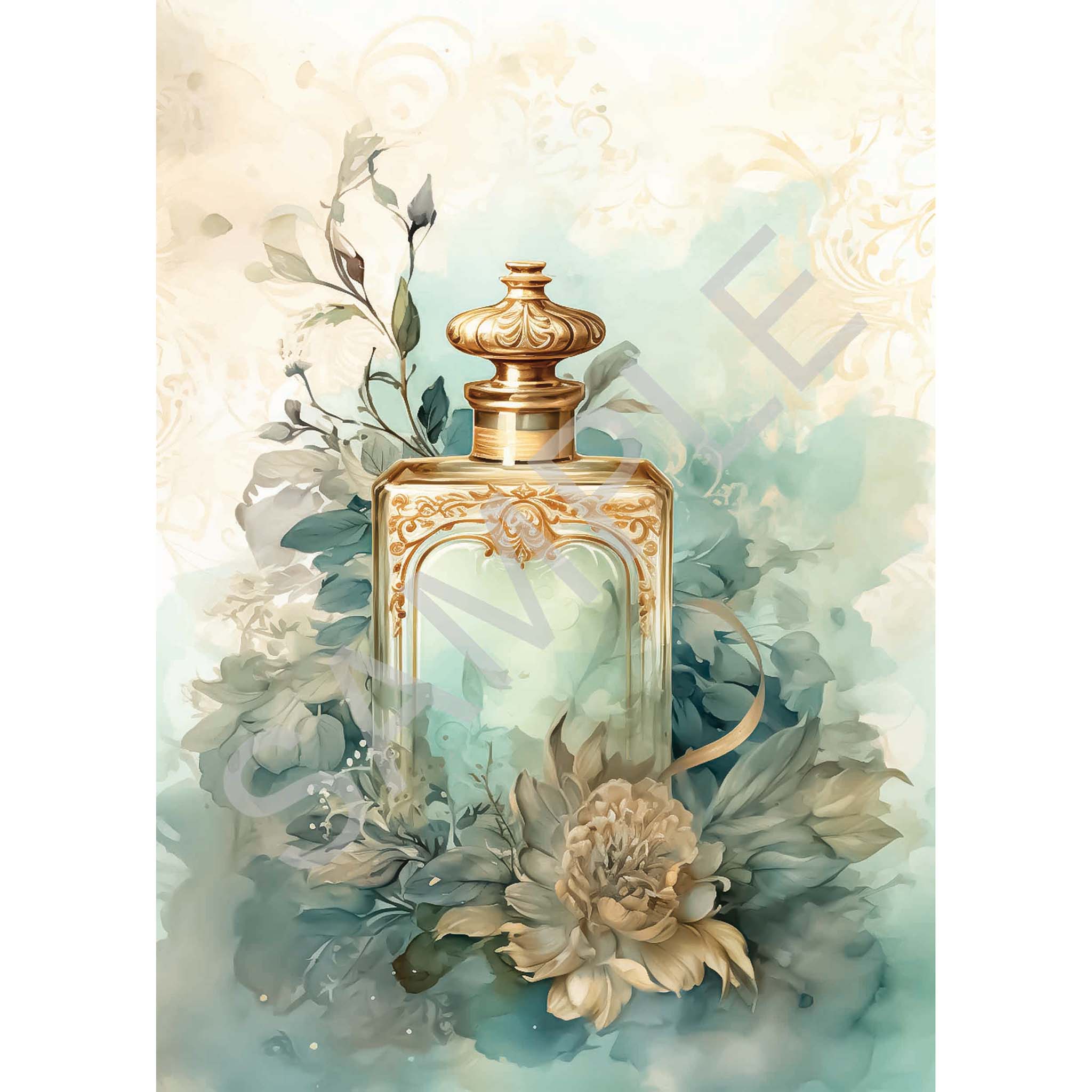 A4 rice paper that features a vintage perfume bottle nestled among beautiful flowers on a dreamy background with hints of gold. White borders are on the sides.