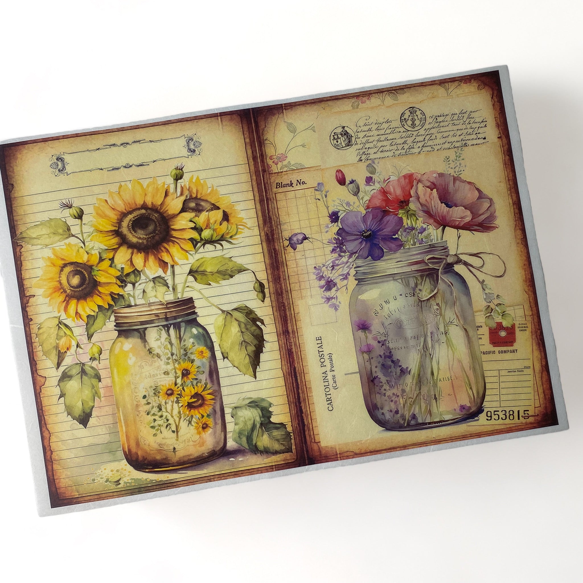 A4 rice paper design that features two charming images of flowers in vintage mason jars against old documents, one with sunflowers and the other with wildflowers is against a white background.