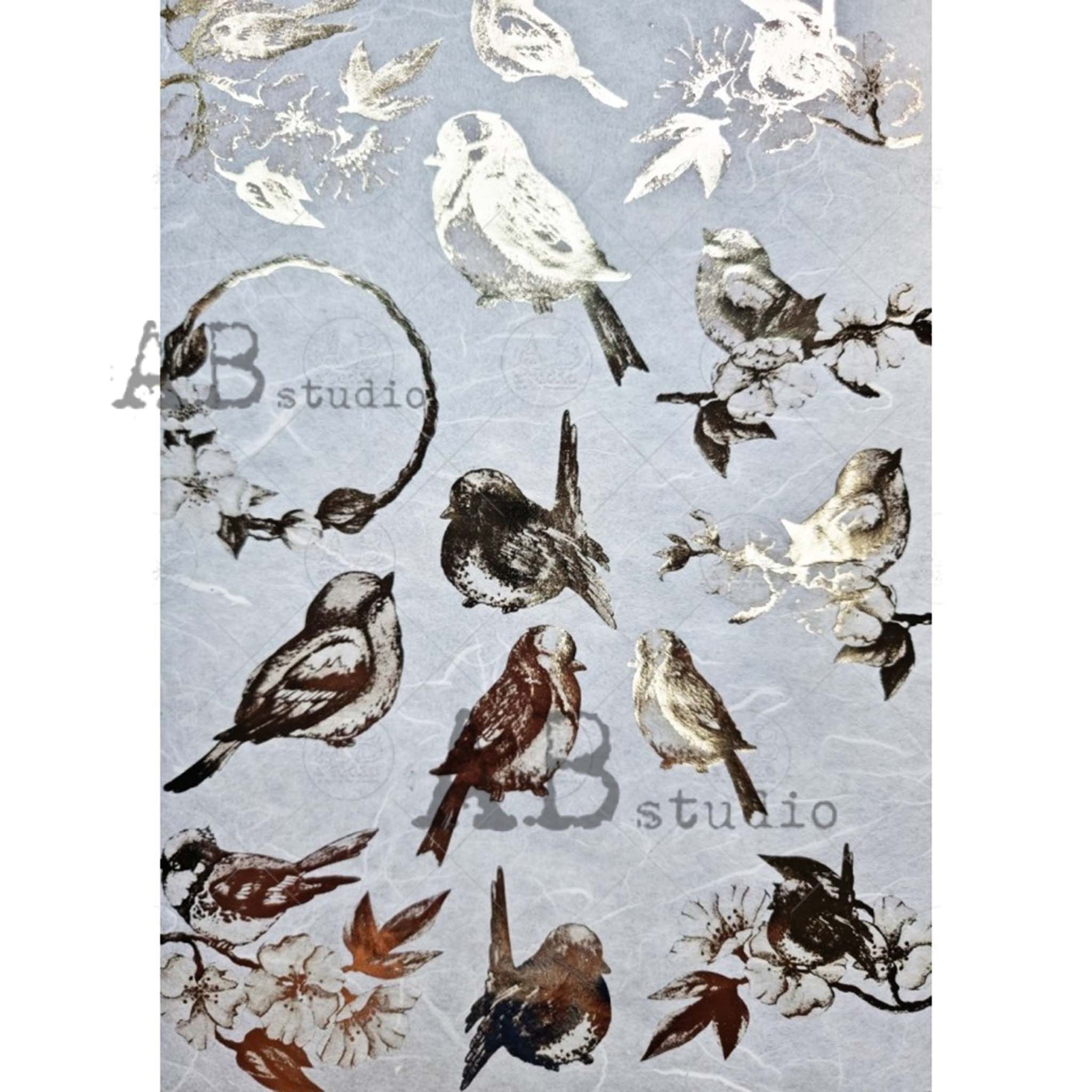 A4 rice paper design that features metallic gilded birds on a subtly distressed background. White borders are on the sides.